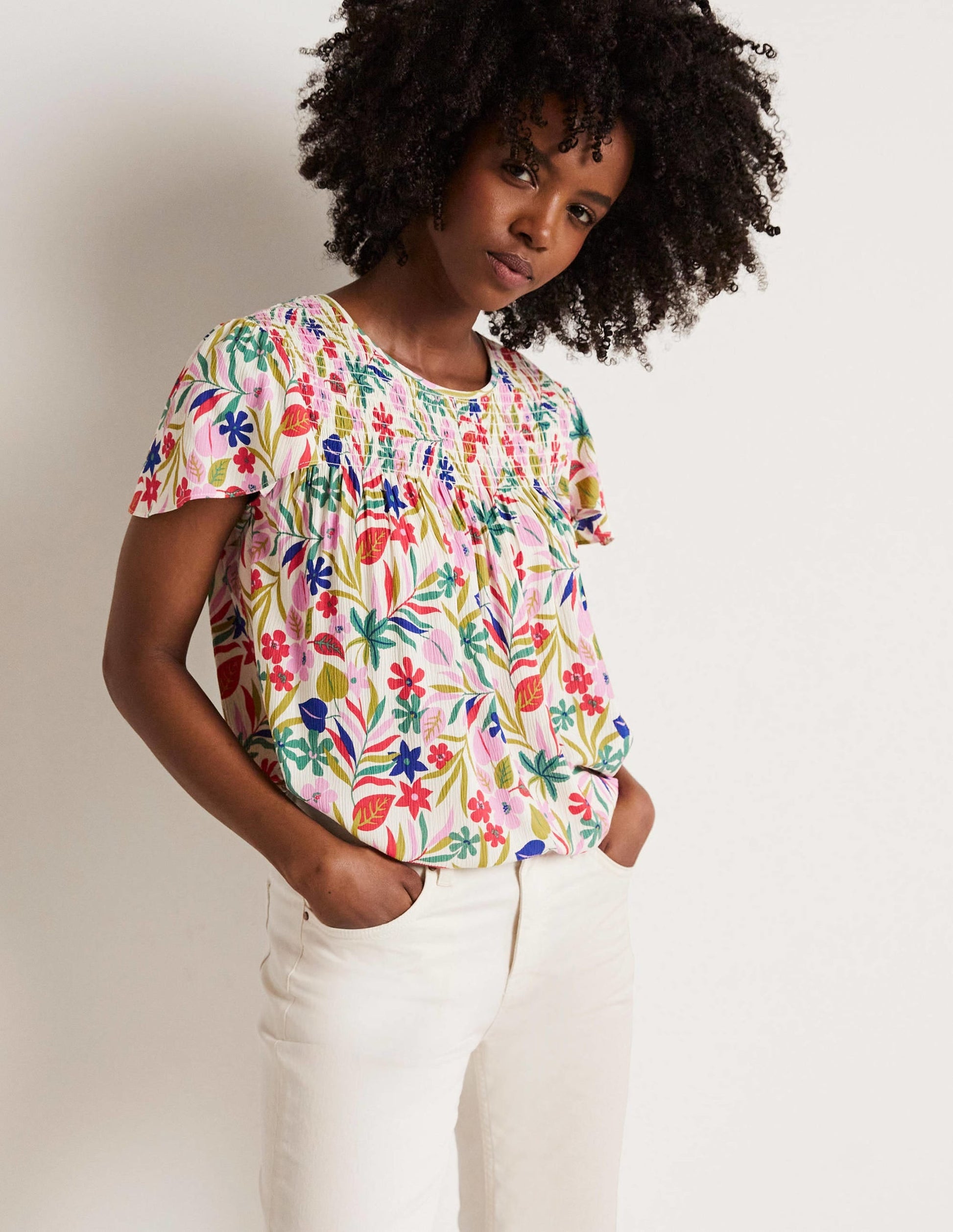 Layla Printed Smocked Top-Multi, Tropic Foliage-5