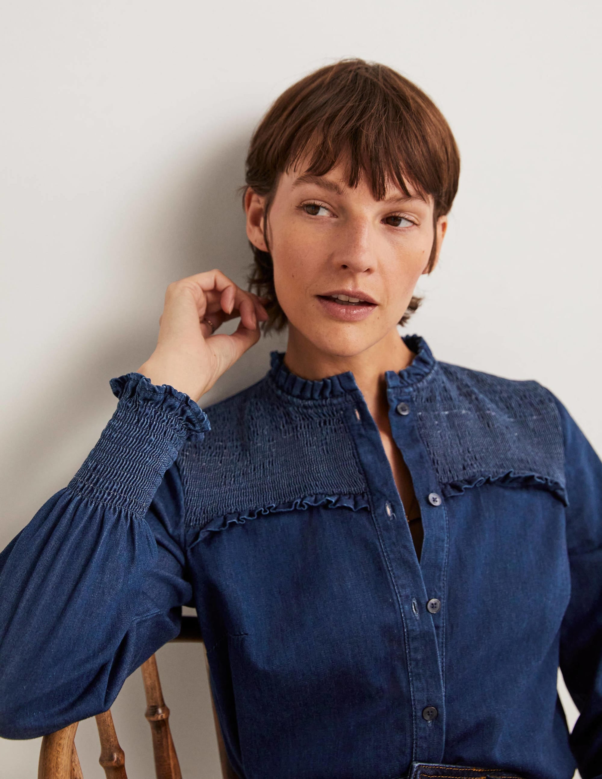 Smocked High Neck Shirt-Denim - Image 2