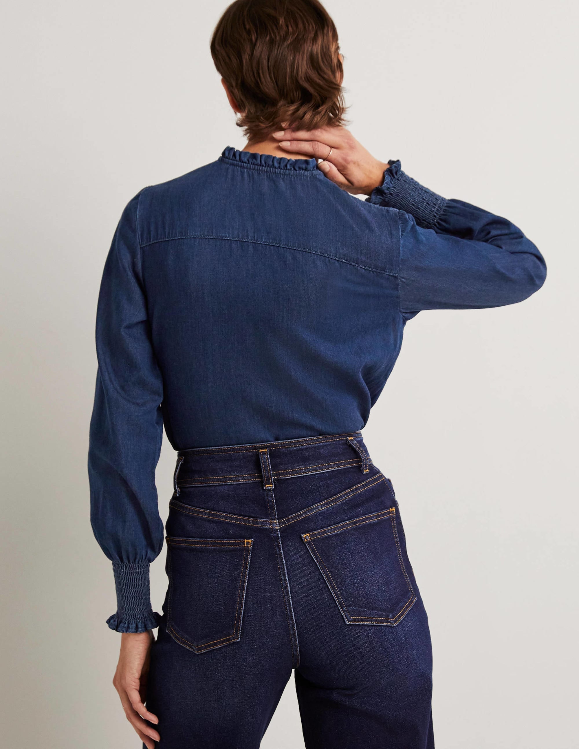Smocked High Neck Shirt-Denim - Image 3
