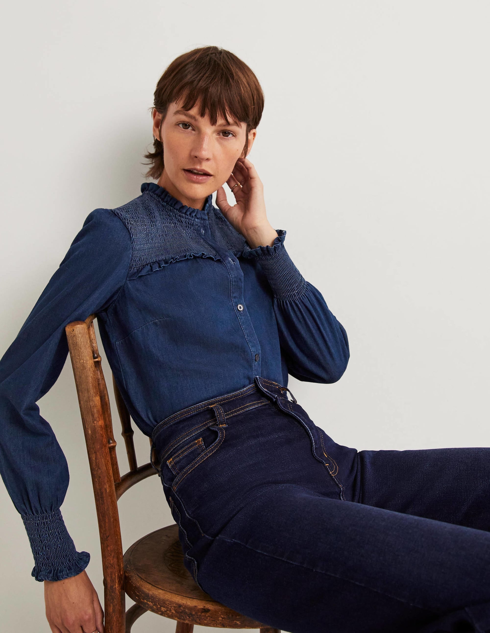 Smocked High Neck Shirt-Denim - Image 4