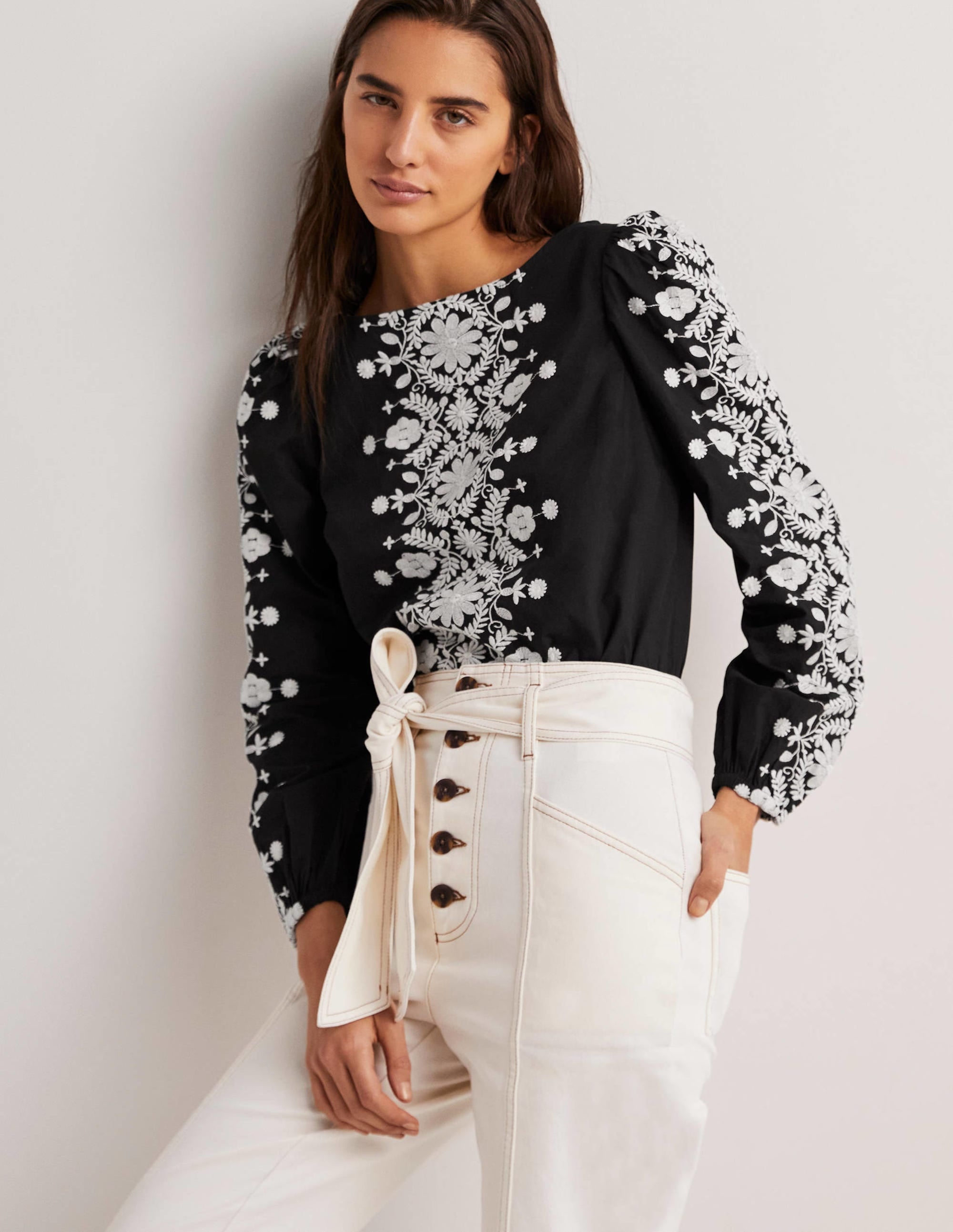 Embroidered Boat Neck Top-Black - Image 1
