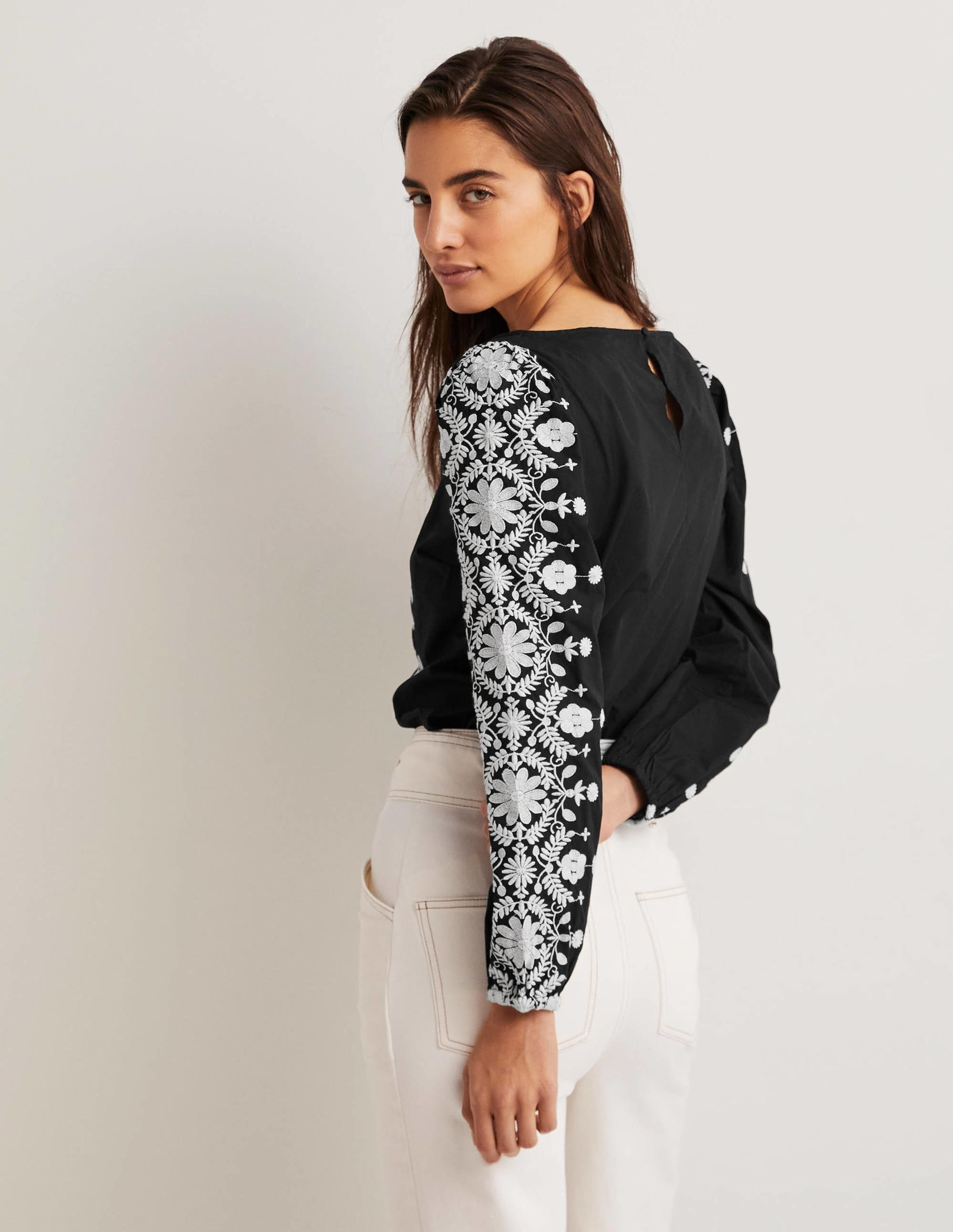 Embroidered Boat Neck Top-Black - Image 3