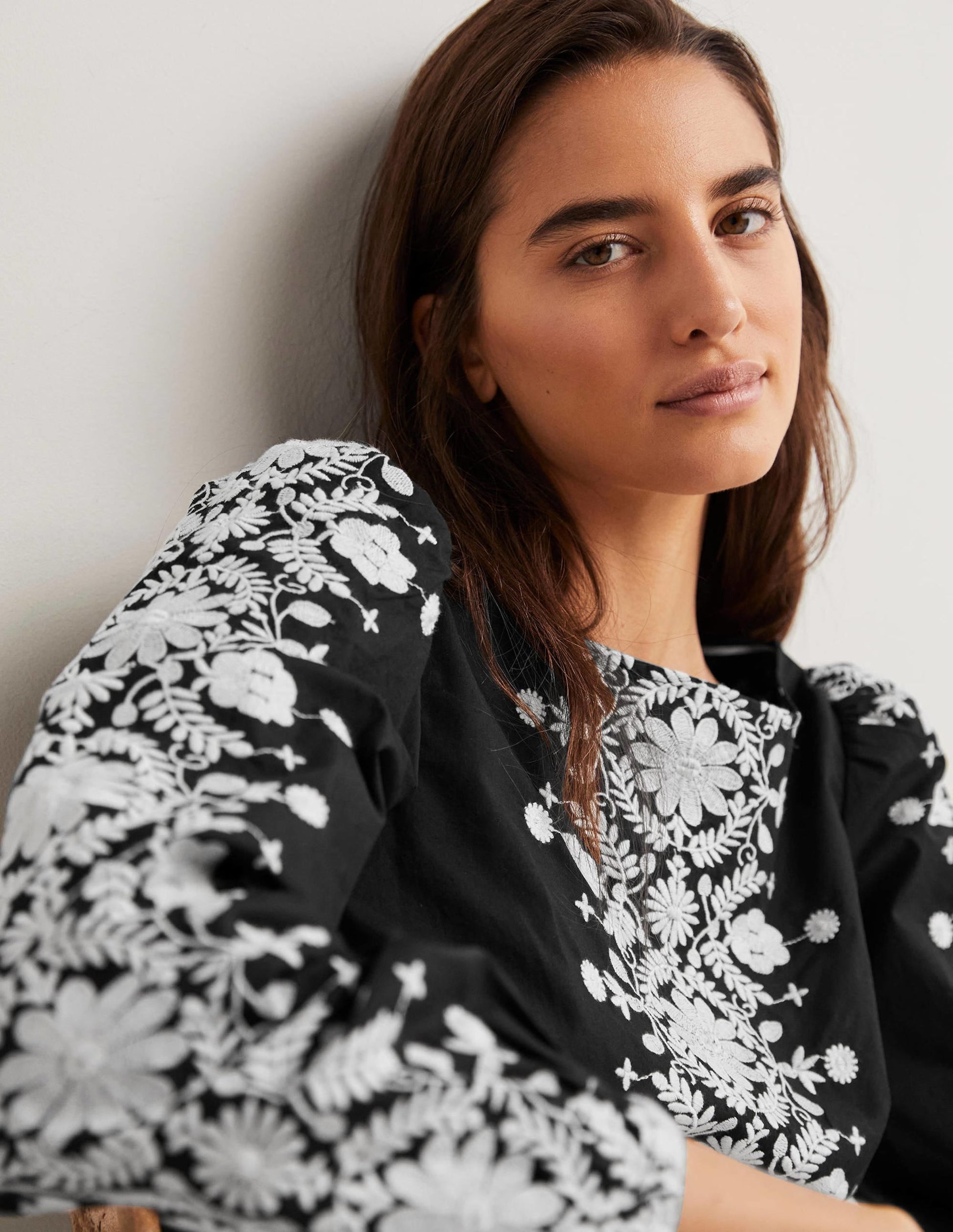 Embroidered Boat Neck Top-Black-4