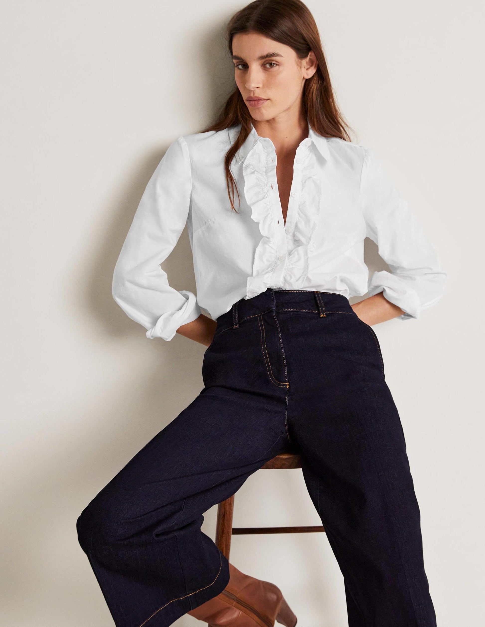 Ruffle Trim Collar Shirt-White-6