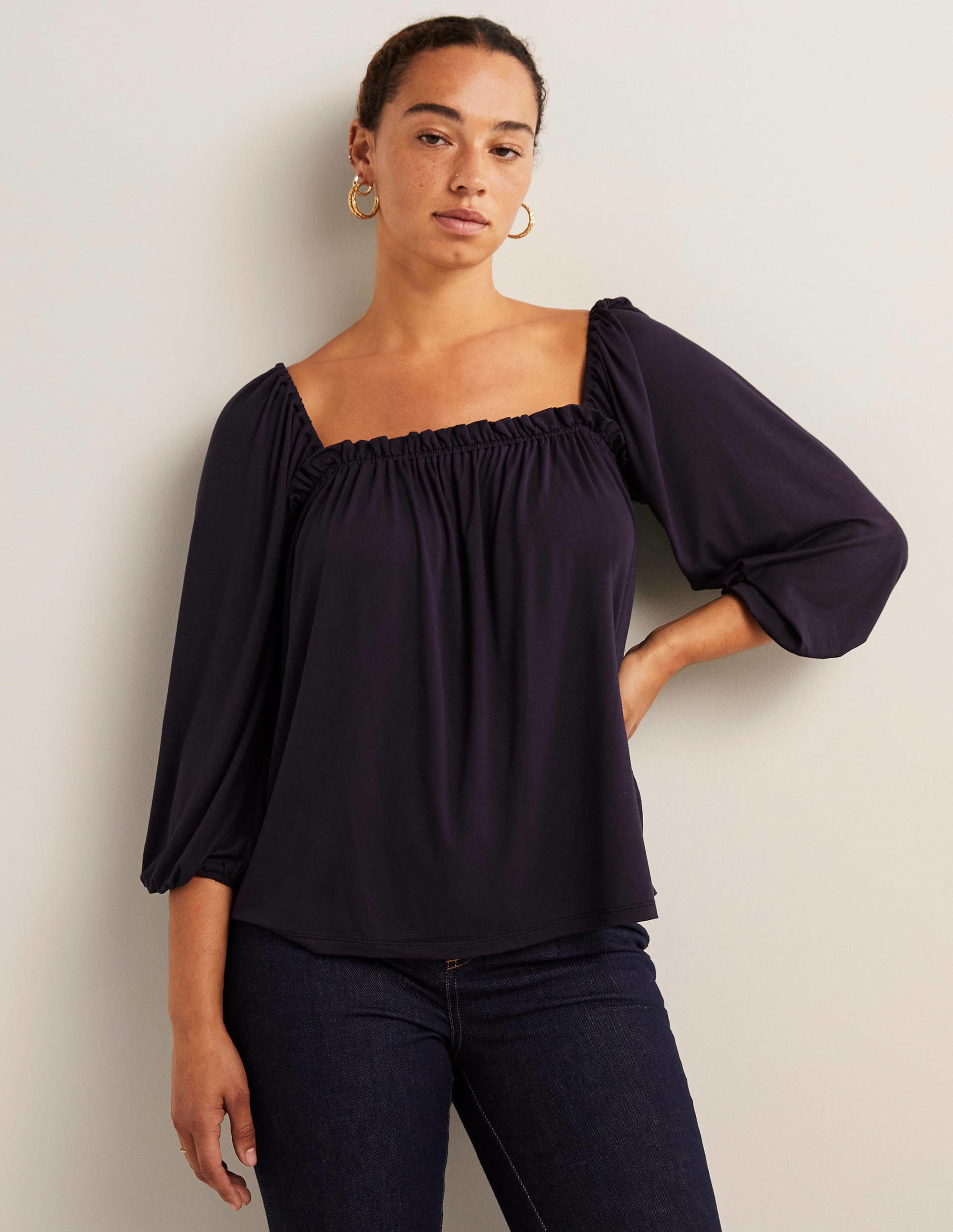 Square Neck Swing Jersey Top-Navy - Image 1