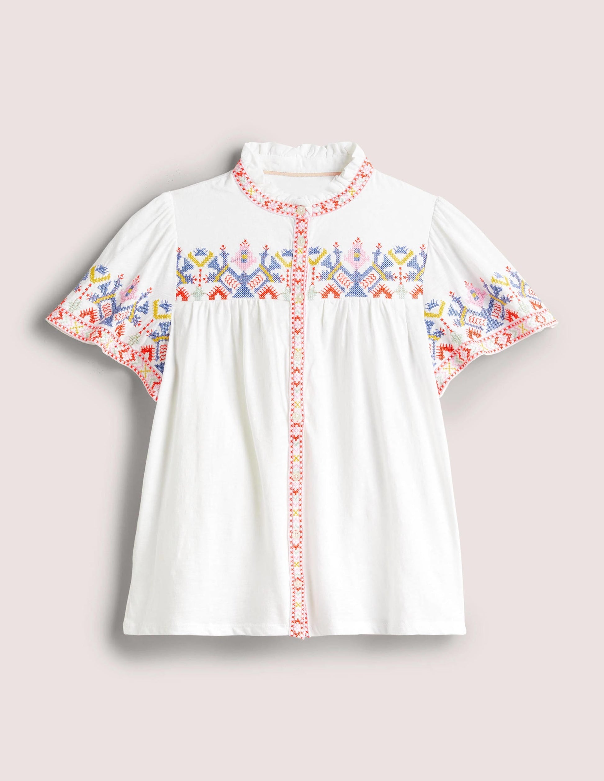 Embroidered Button Through Top-White-5