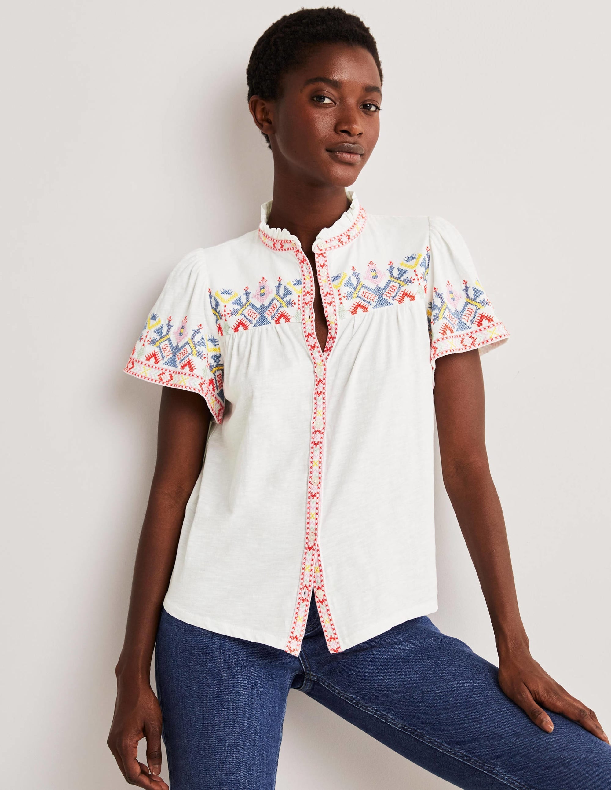 Embroidered Button Through Top-White - Image 1