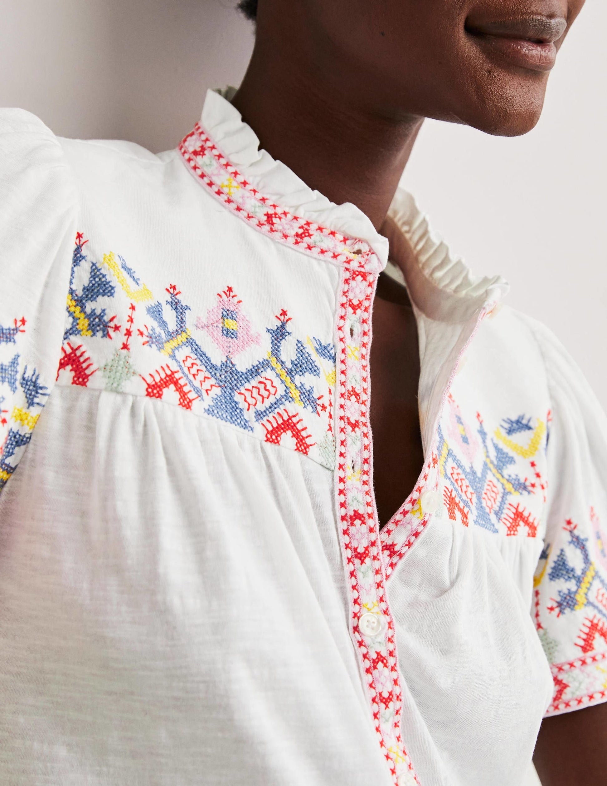 Embroidered Button Through Top-White-2