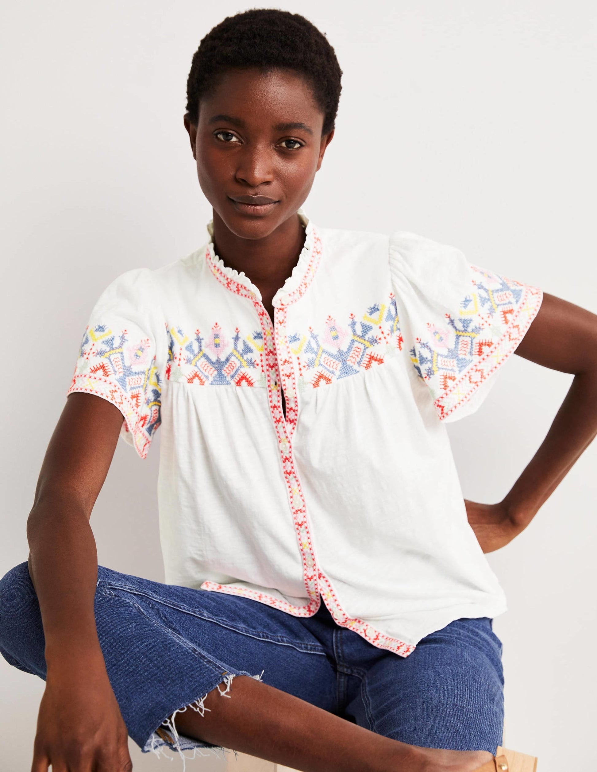Embroidered Button Through Top-White-4