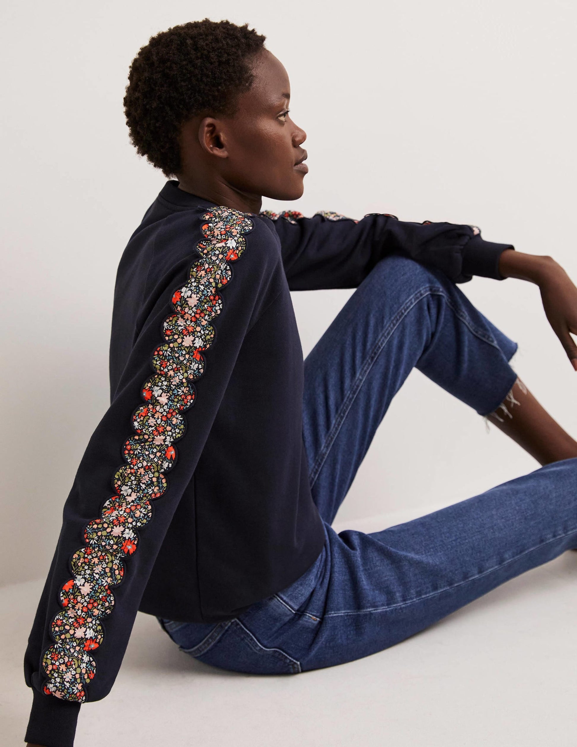 Scallop Detail Sweatshirt-French Navy, Abstract Ditsy-4