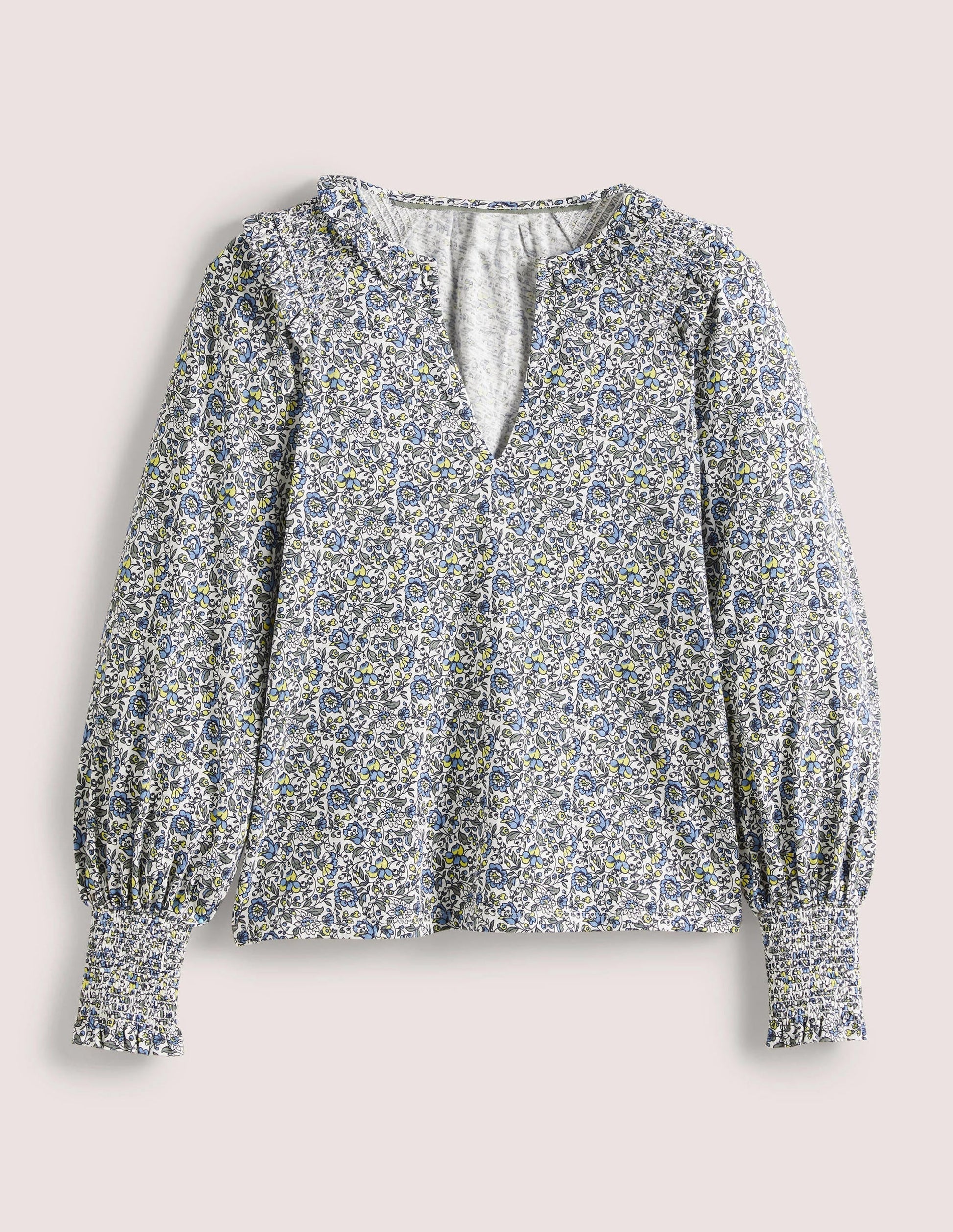 Notch Neck Smocked Frill Top-Ivory, Botanic Meadow-6