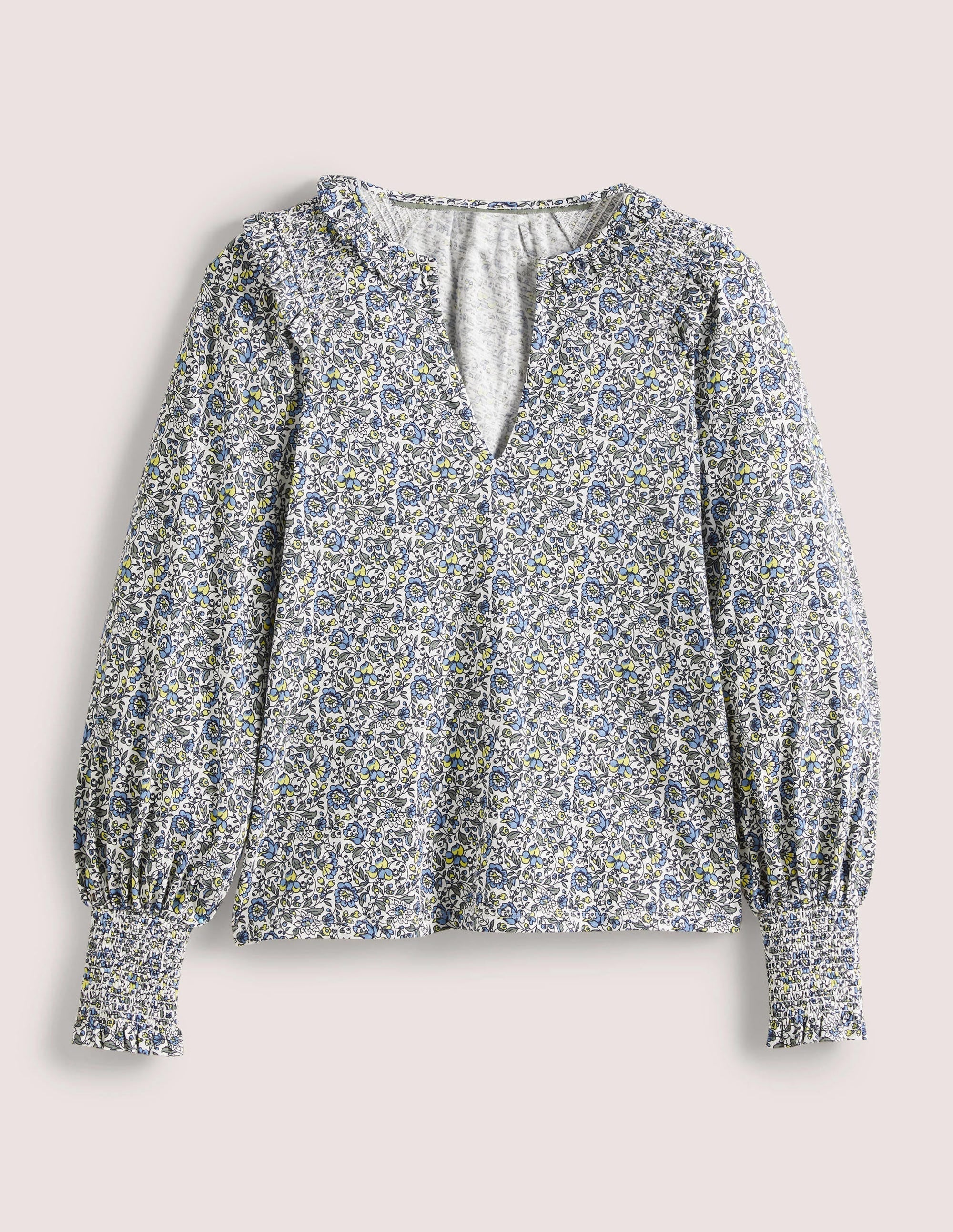 Notch Neck Smocked Frill Top-Ivory, Botanic Meadow - Image 6