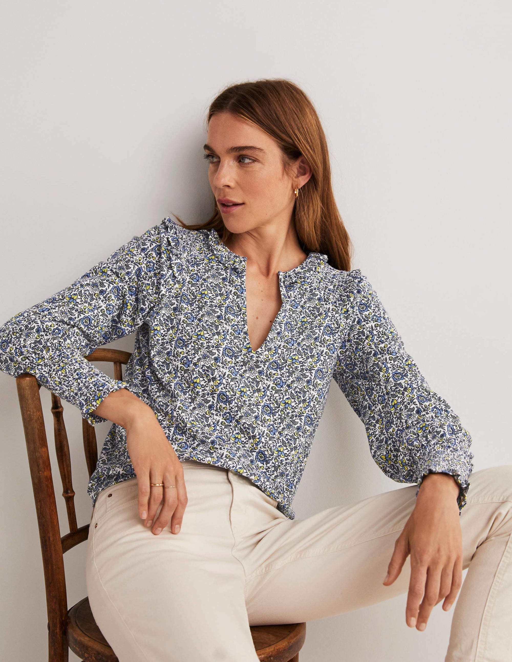 Notch Neck Smocked Frill Top-Ivory, Botanic Meadow - Image 1