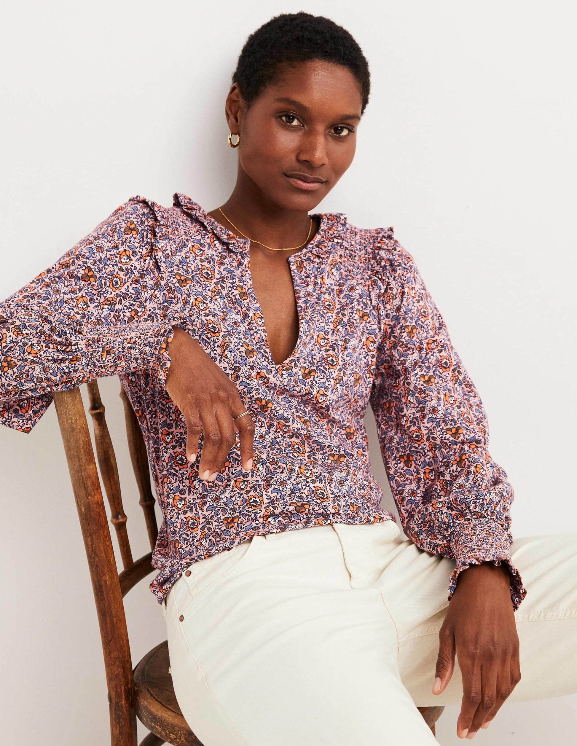 Notch Neck Smocked Frill Top-Milkshake, Botanic Meadow-1