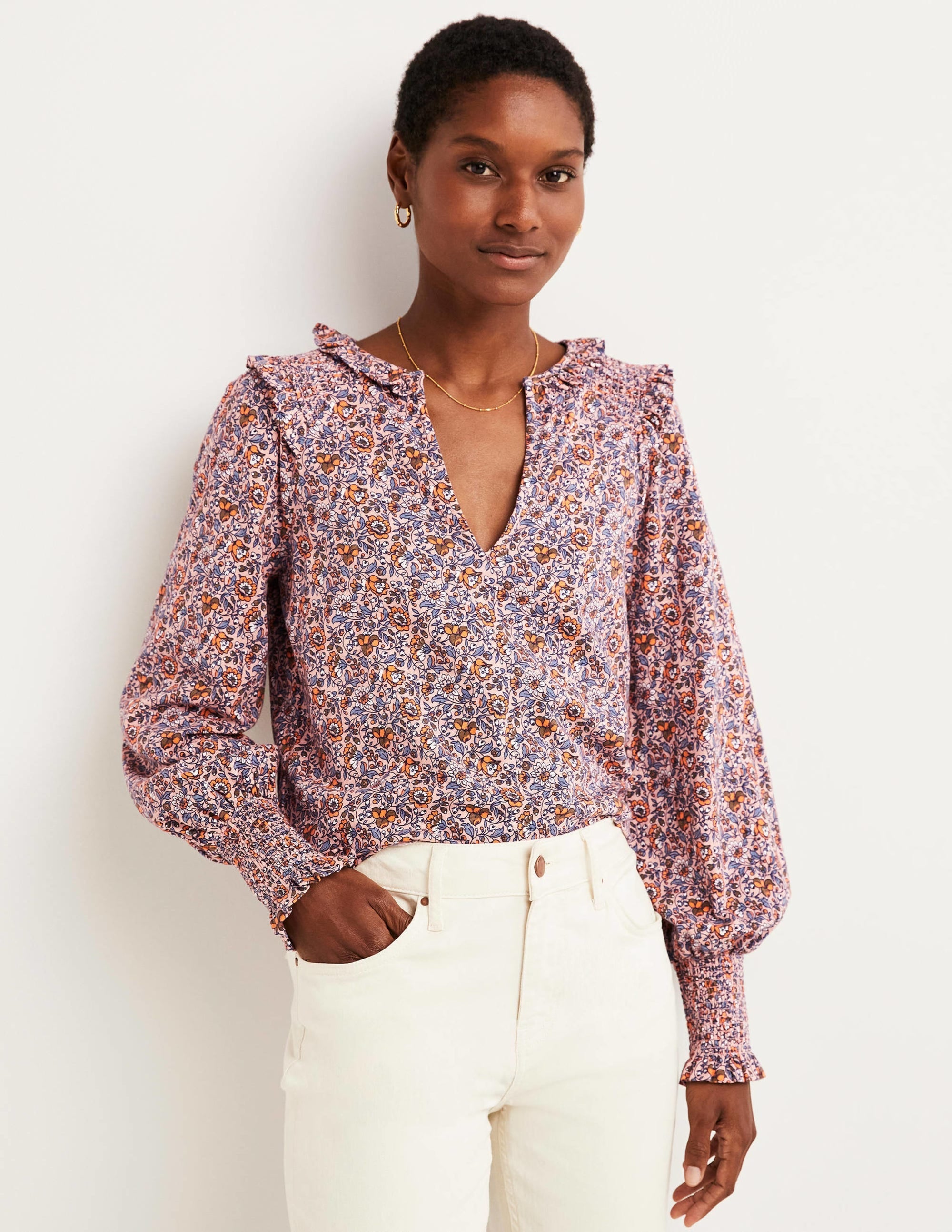 Notch Neck Smocked Frill Top-Milkshake, Botanic Meadow - Image 4