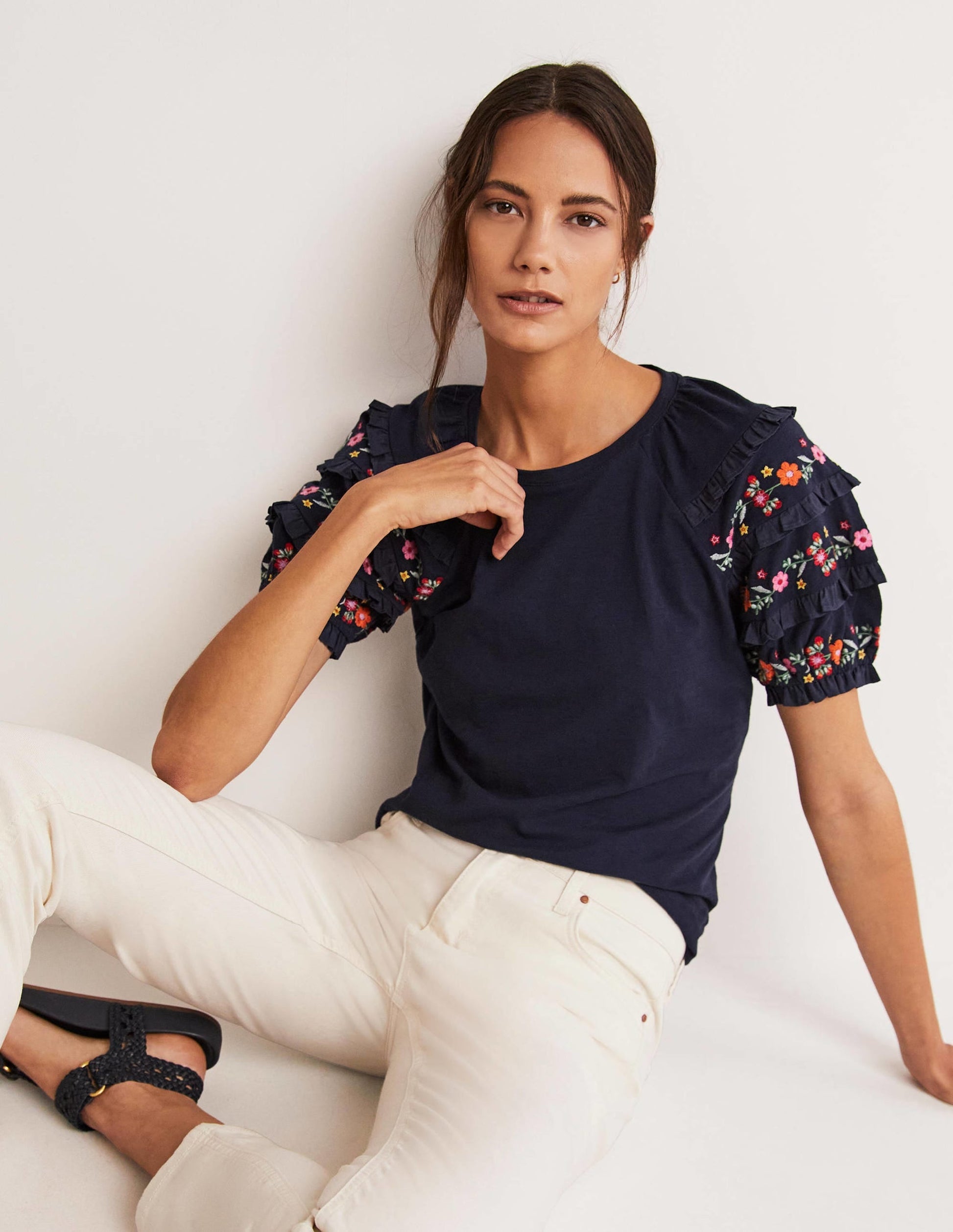 Embroidered Sleeve Jersey Top-Navy-5