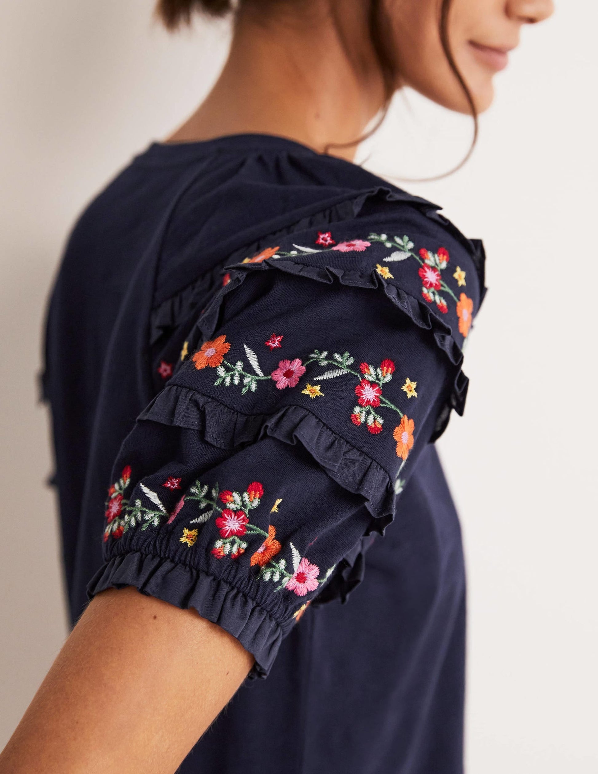 Embroidered Sleeve Jersey Top-Navy-6