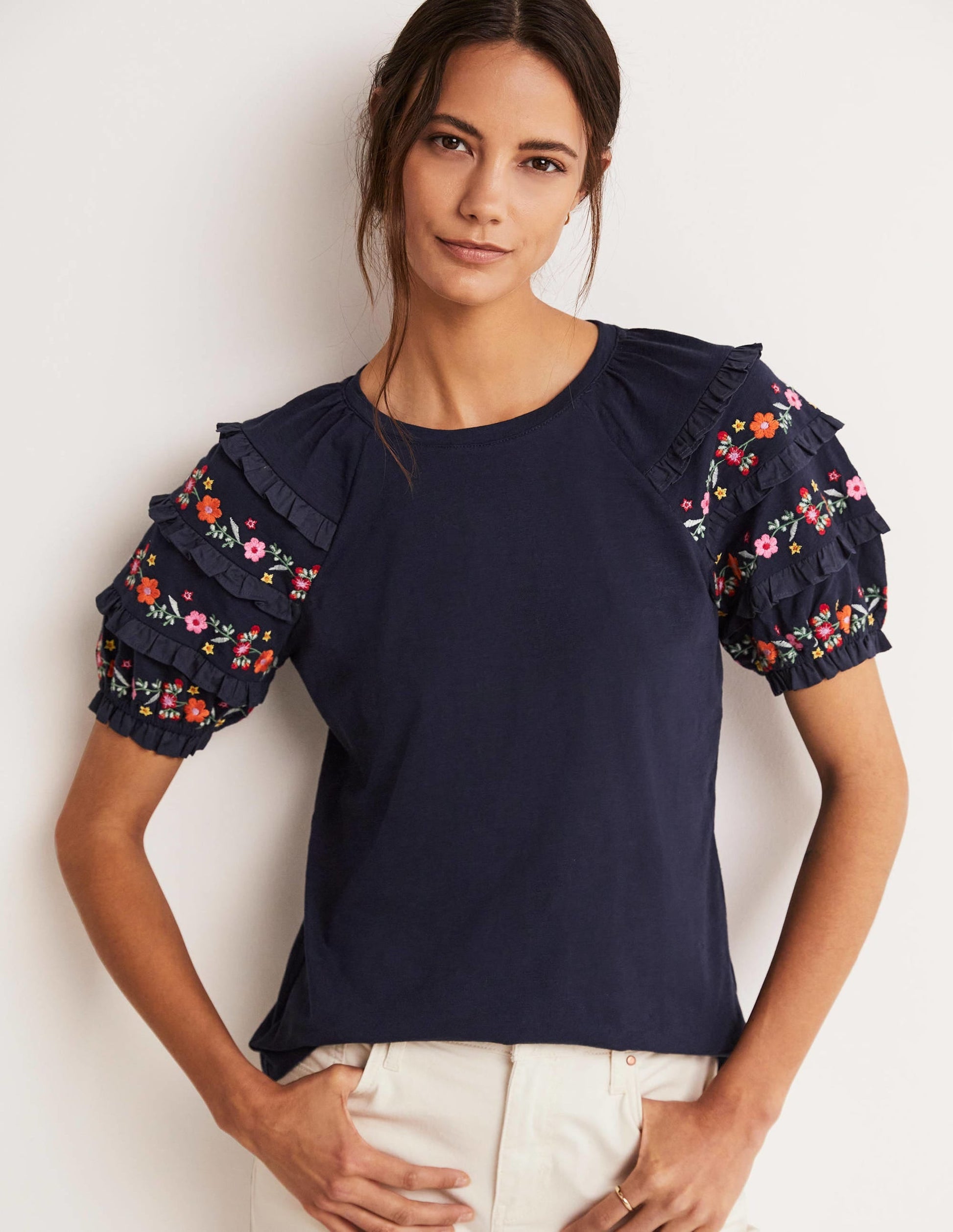 Embroidered Sleeve Jersey Top-Navy-8