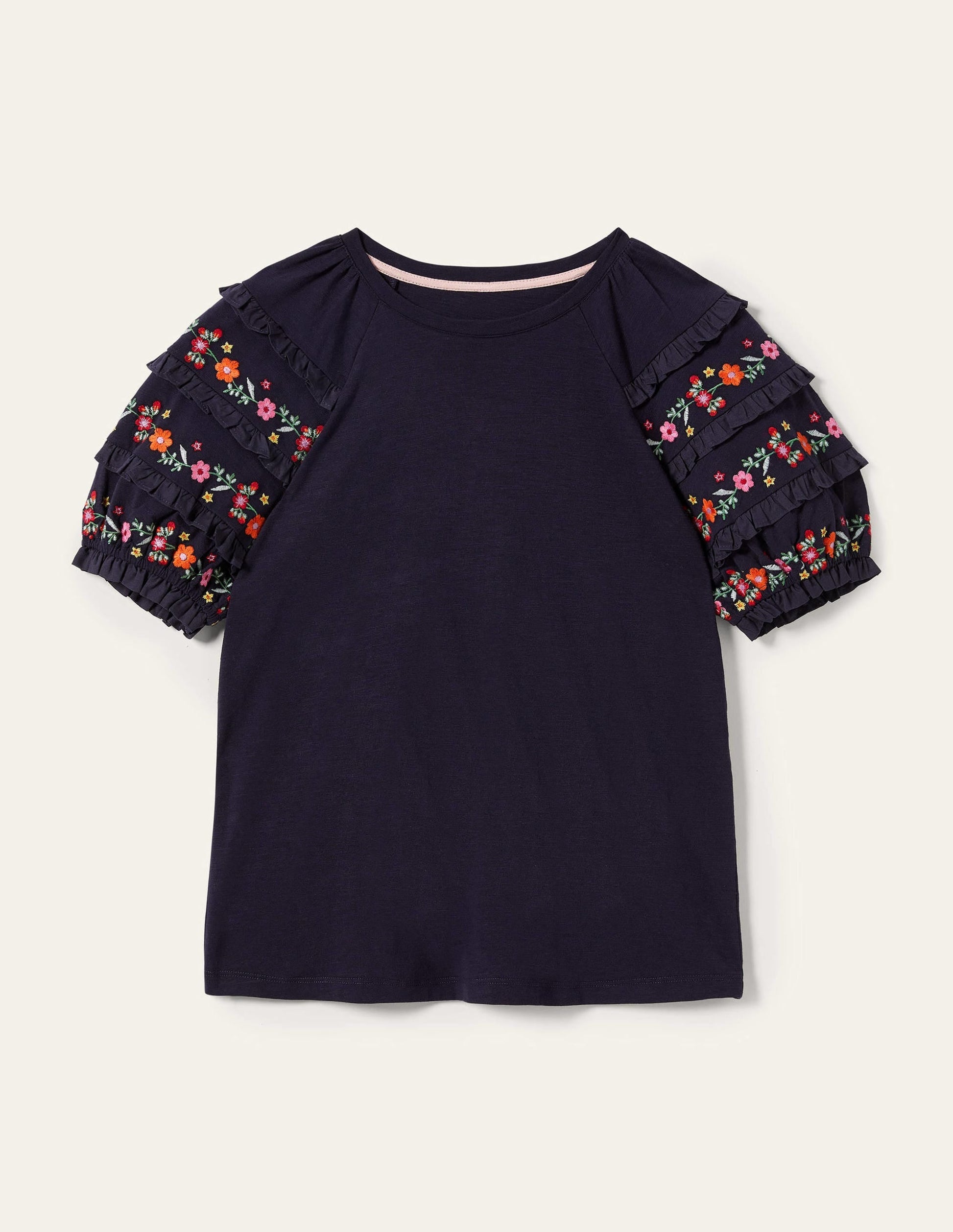 Embroidered Sleeve Jersey Top-Navy-9