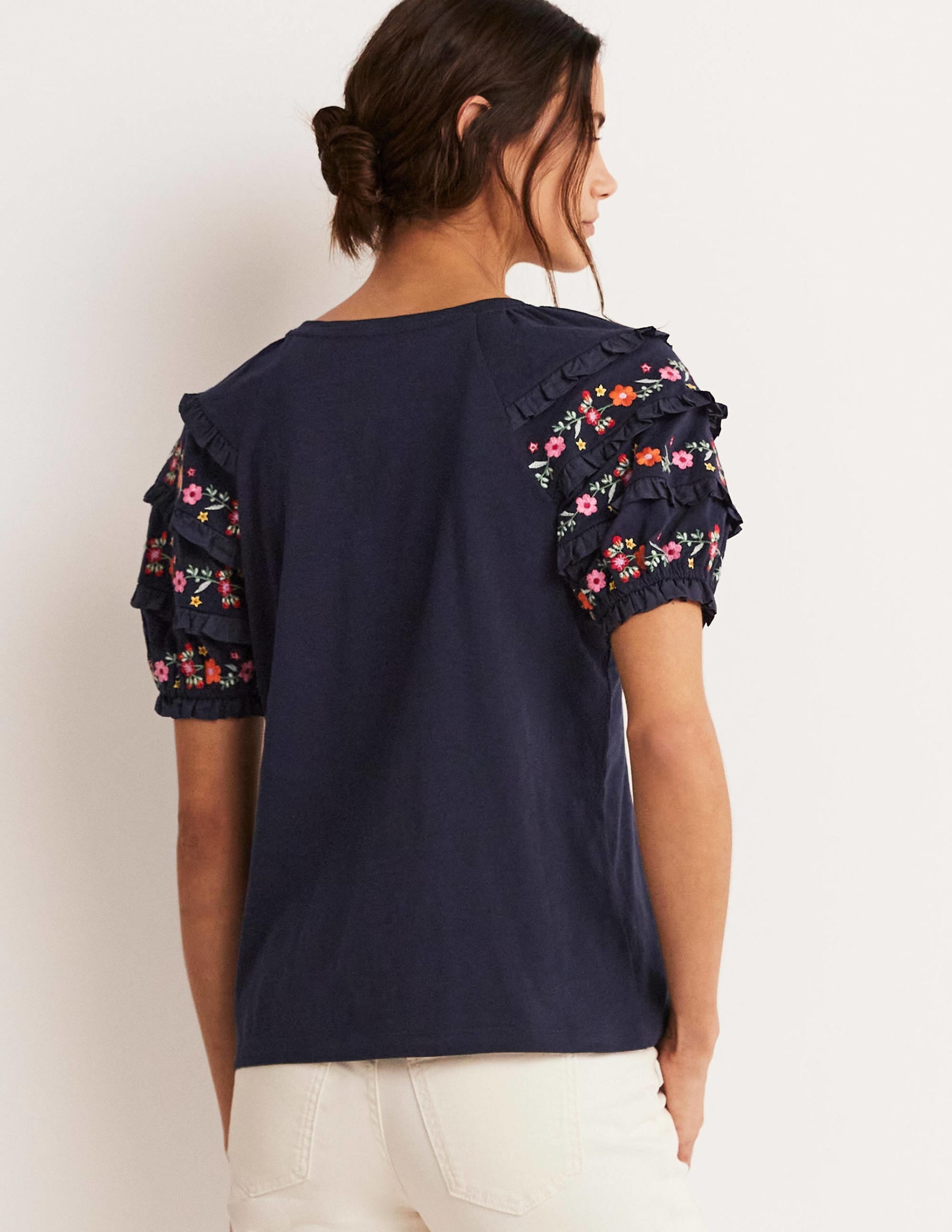 Embroidered Sleeve Jersey Top-Navy - Image 3