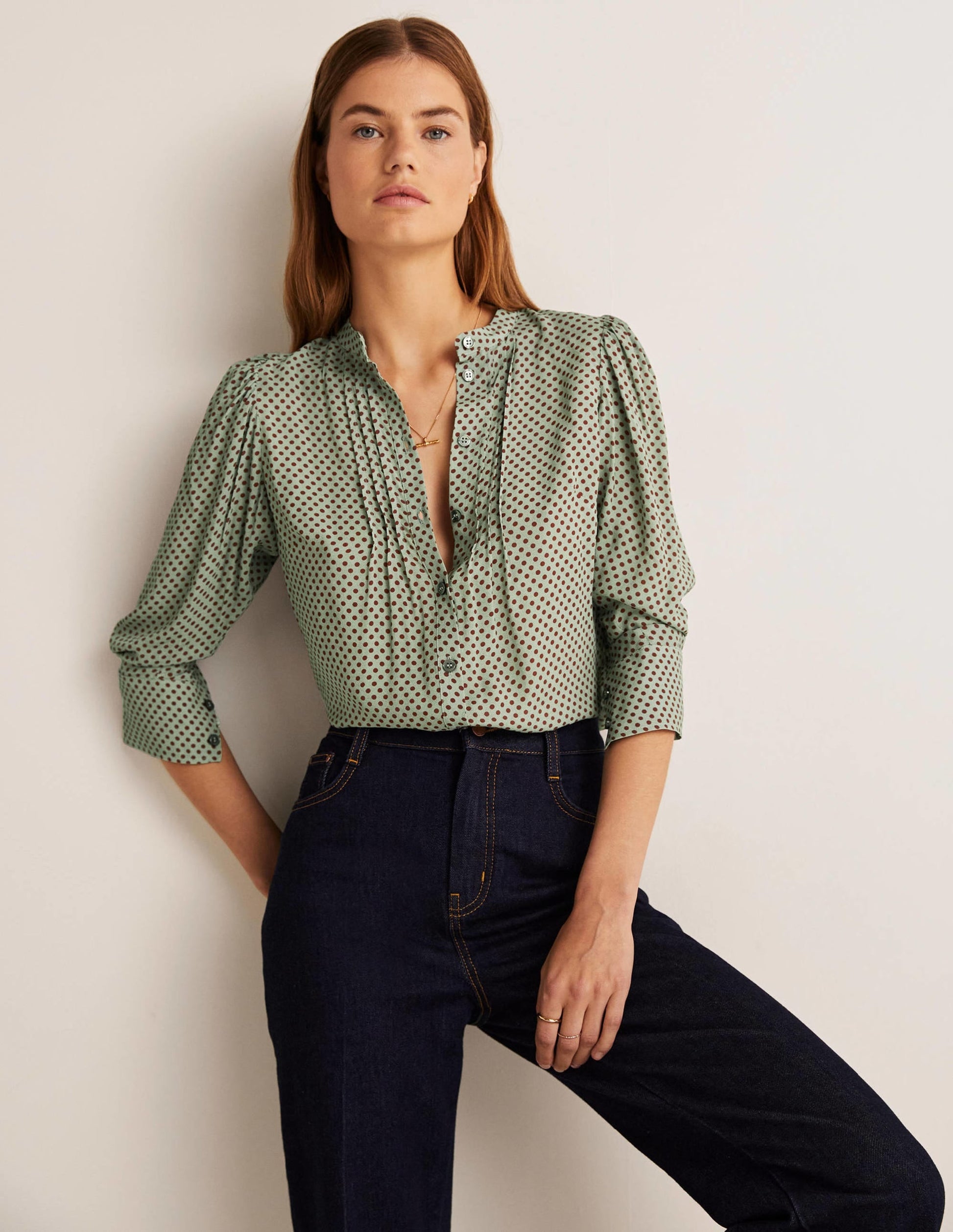 Pleated Button Through Blouse-Jadeite Green, Spot-6