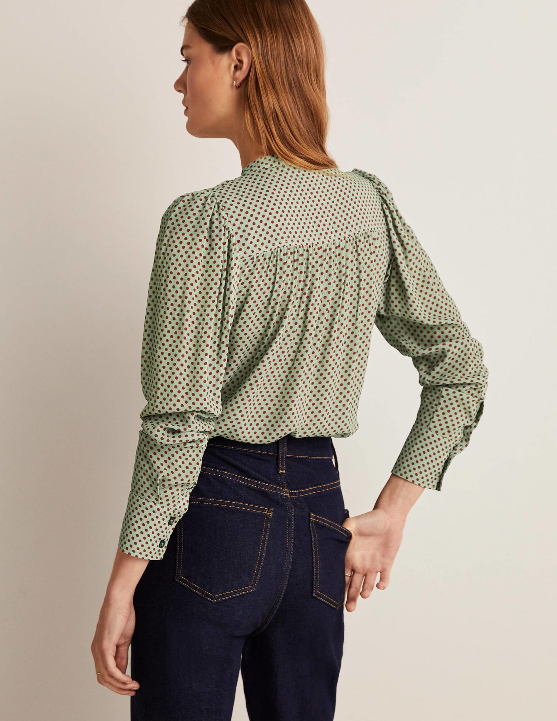 Pleated Button Through Blouse-Jadeite Green, Spot-8