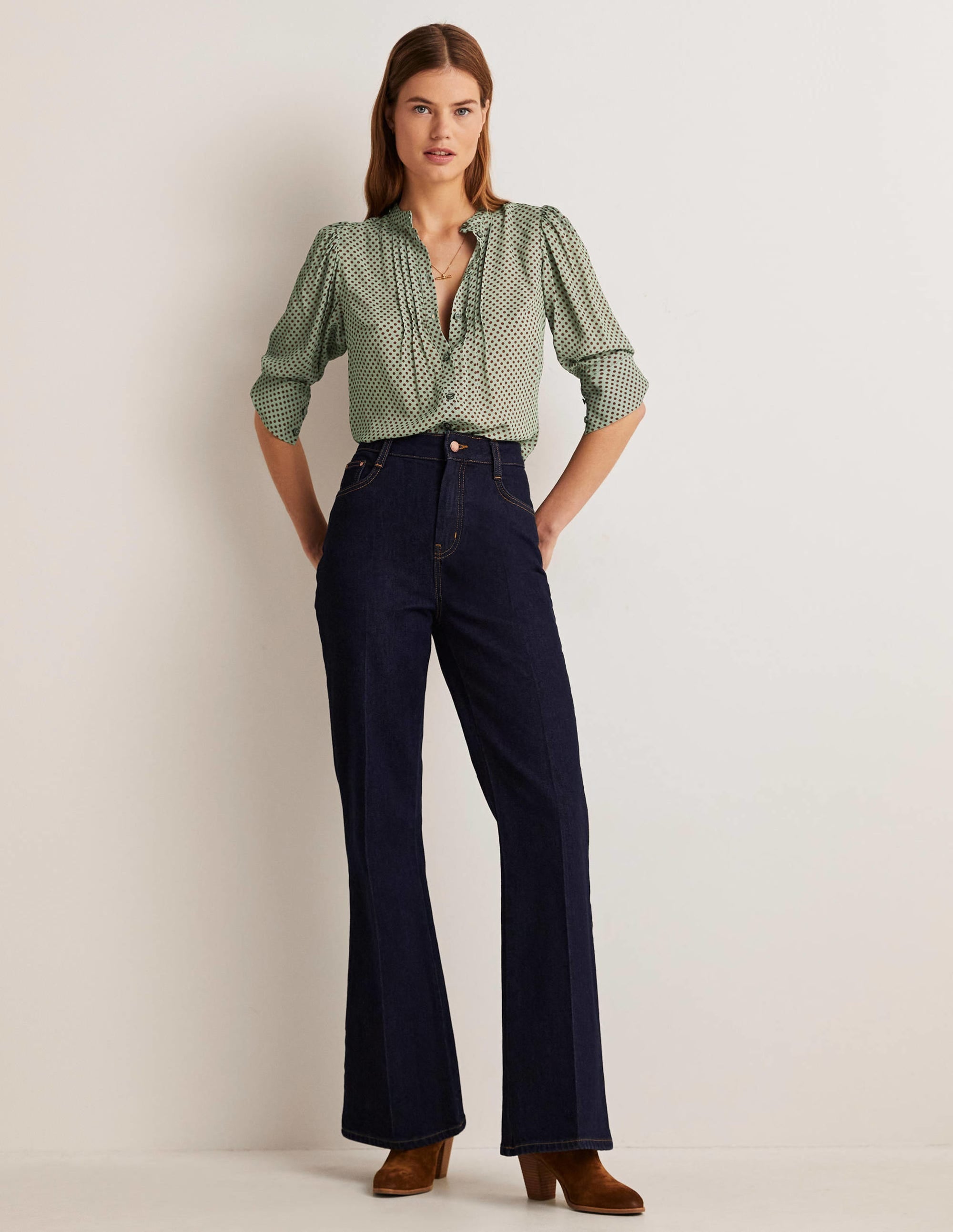 Pleated Button Through Blouse-Jadeite Green, Spot - Image 4