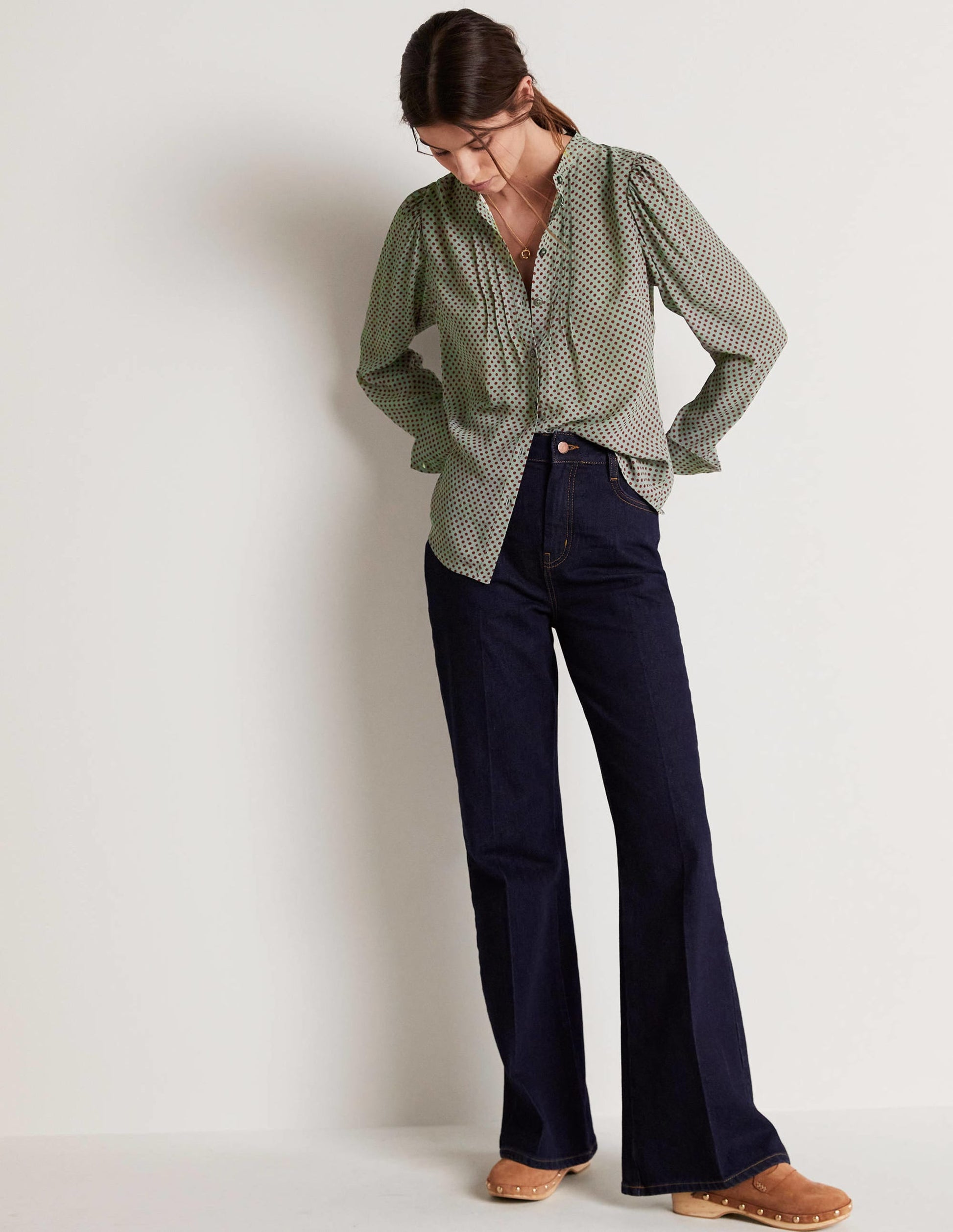 Pleated Button Through Blouse-Jadeite Green, Spot-5