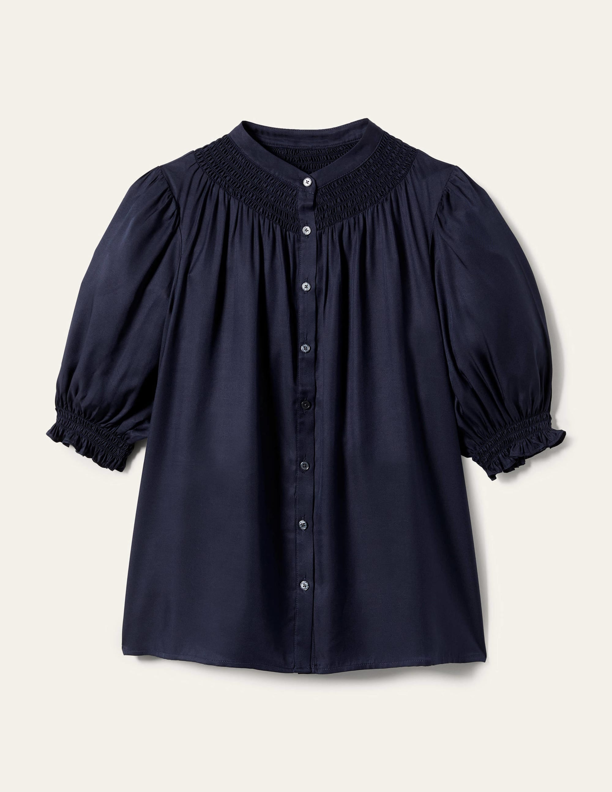 Smocked Silk Blend Blouse-Navy - Image 11