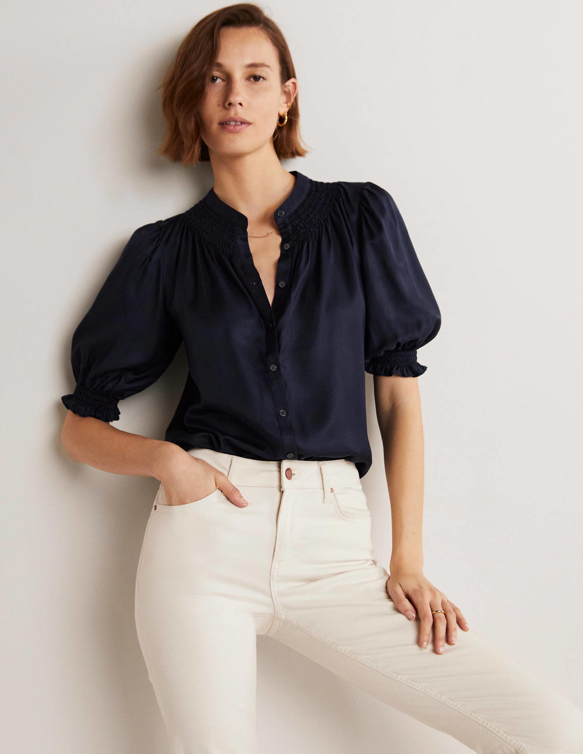 Smocked Silk Blend Blouse-Navy - Image 1