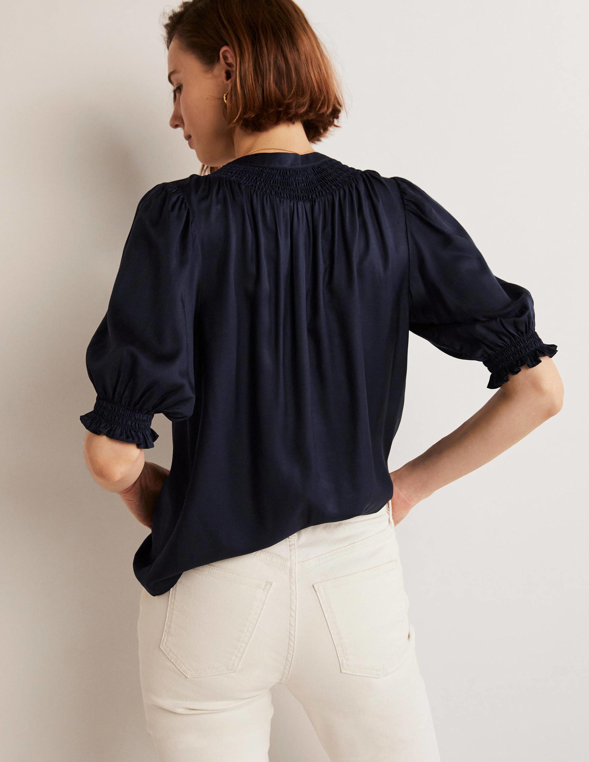 Smocked Silk Blend Blouse-Navy - Image 3