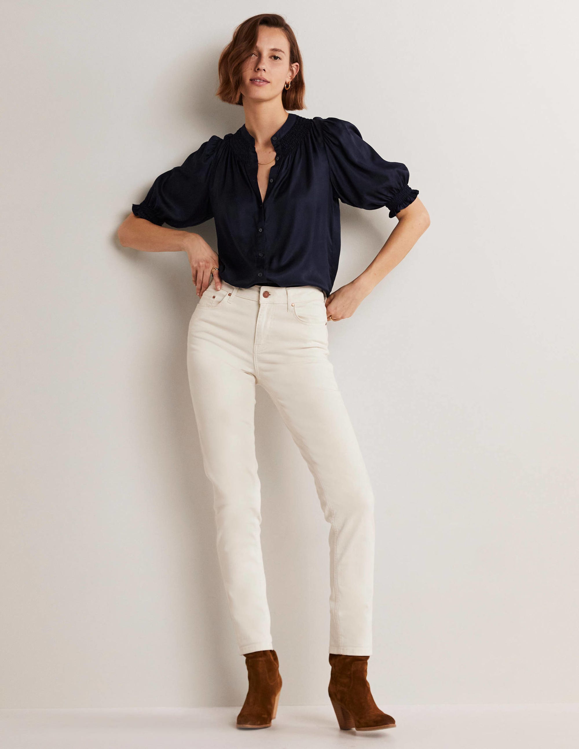 Smocked Silk Blend Blouse-Navy - Image 4