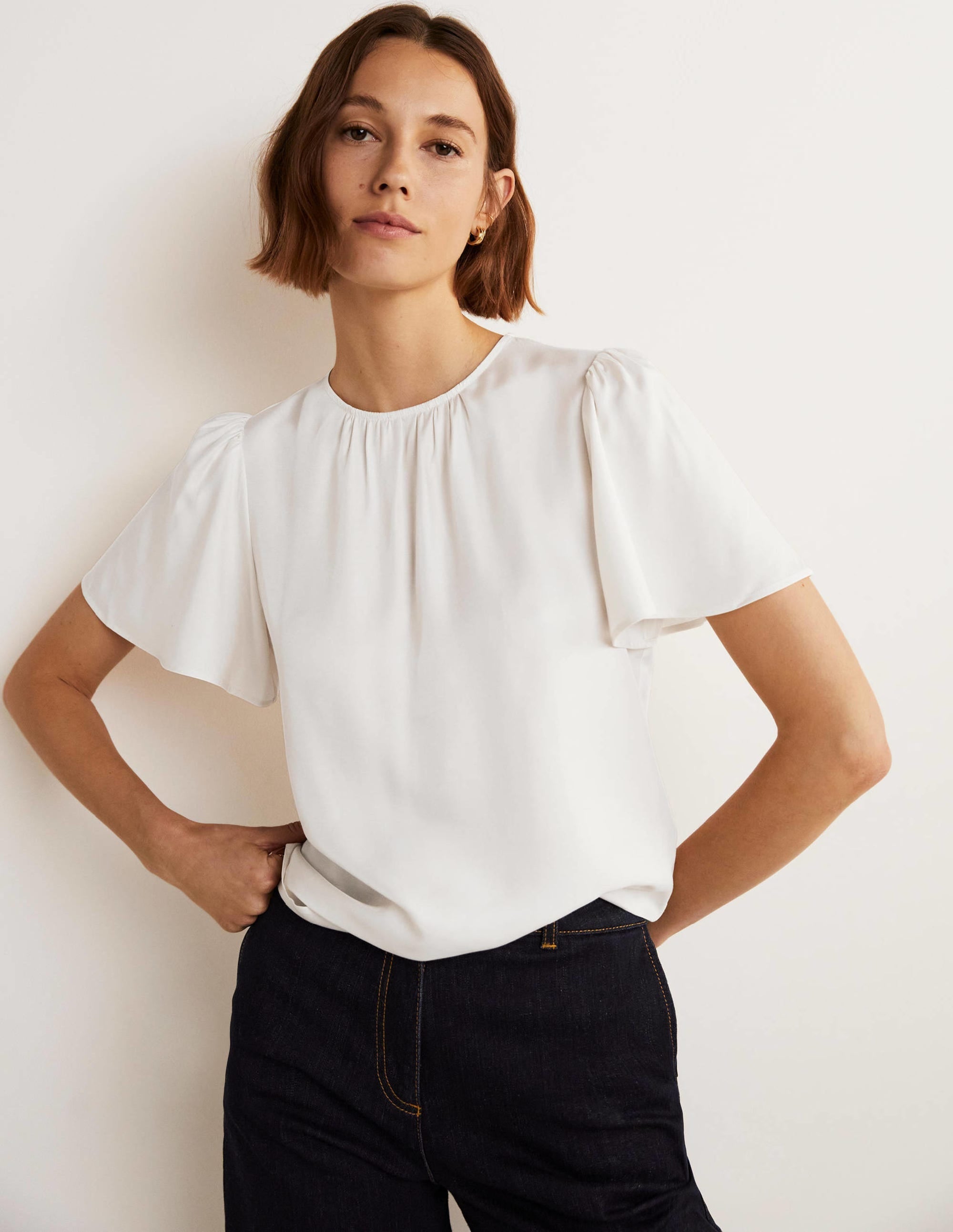 Flutter Sleeve Crew Neck Top-Ivory - Image 5