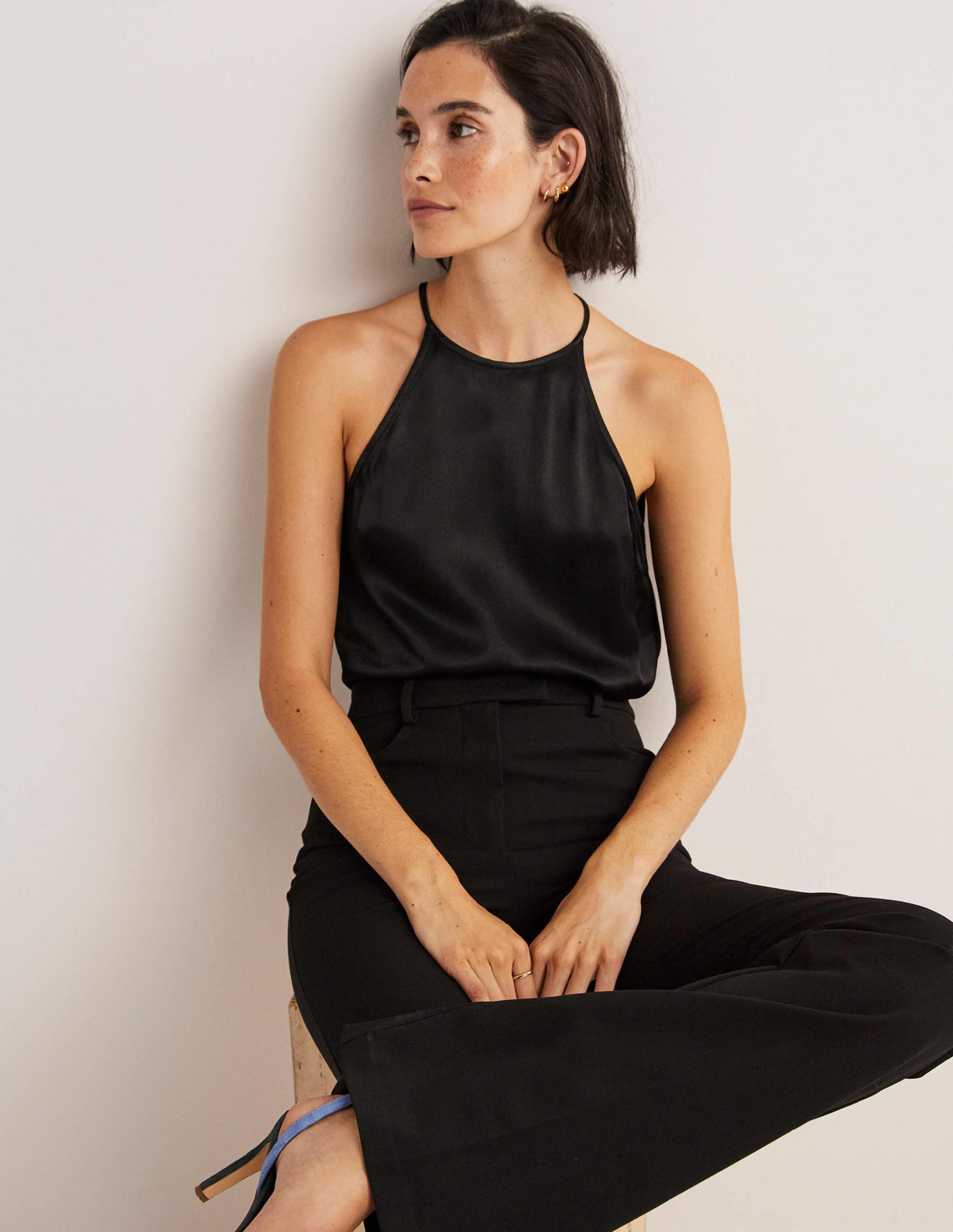 Strappy Halterneck Satin Top-Black - Image 1
