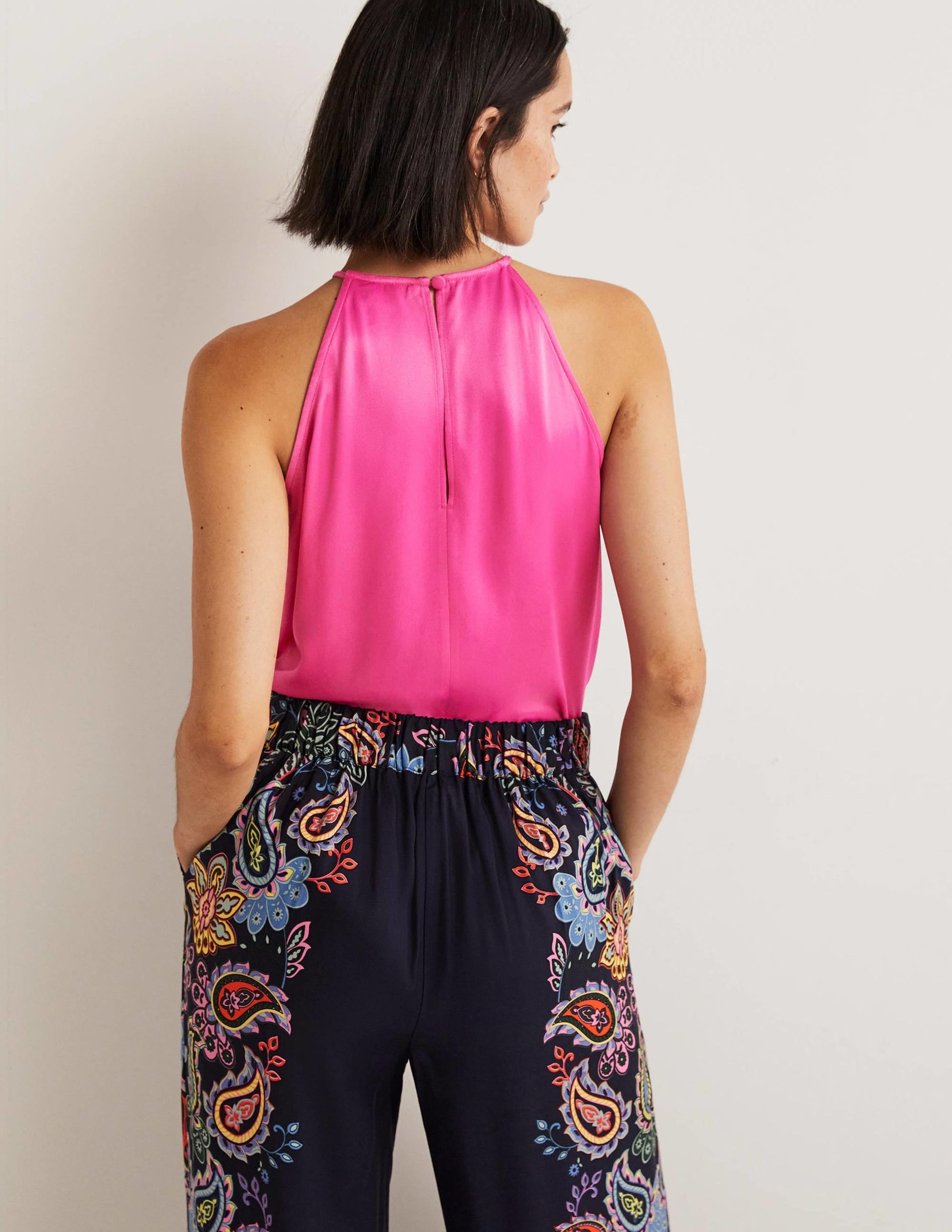 Strappy Halterneck Satin Top-Watermelon Pink-3