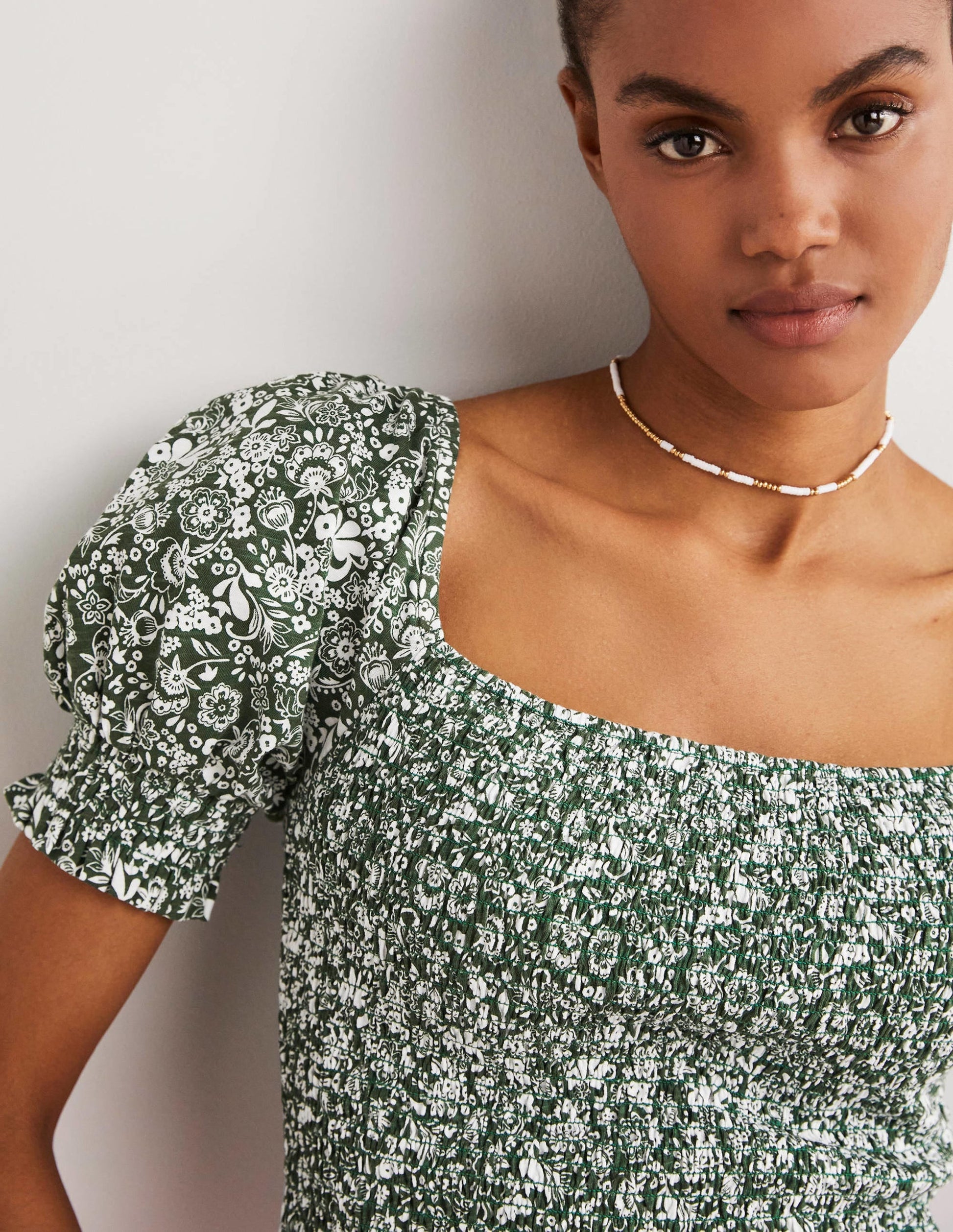 Square Neck Smocked Jersey Top-Hunter Green, Pretty Paradise-2
