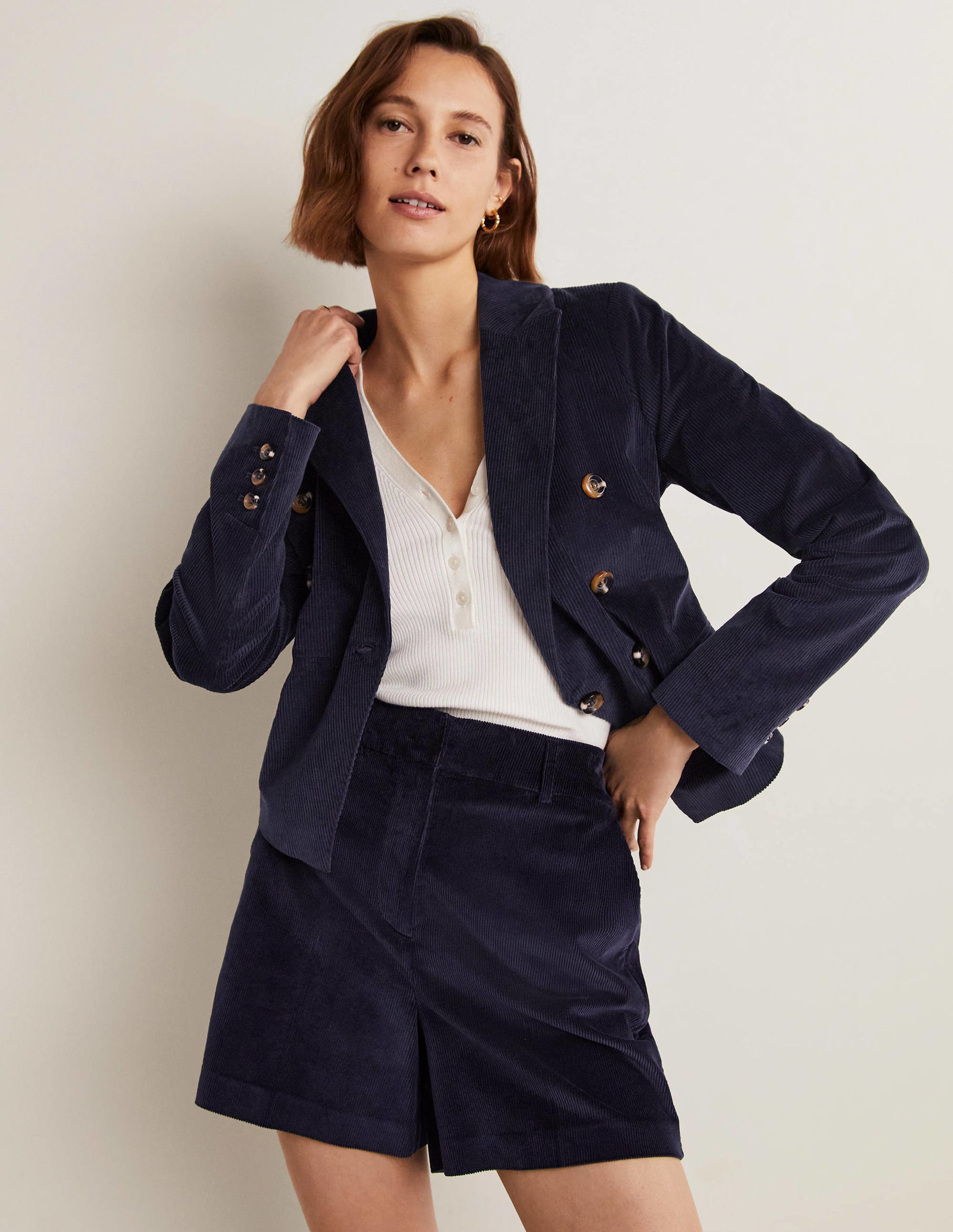 Double Breasted Cord Blazer-Navy - Image 9