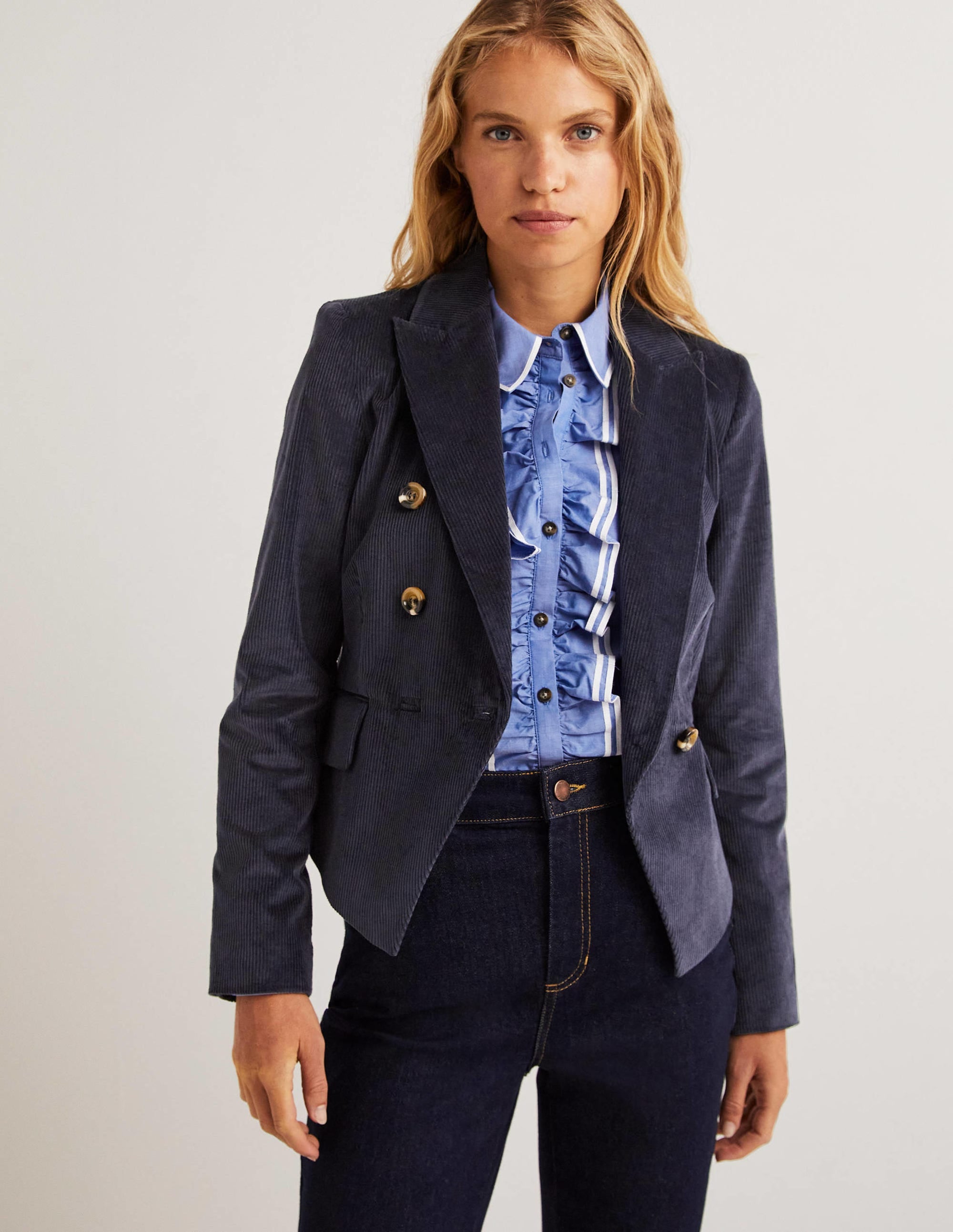 Double Breasted Cord Blazer-Navy - Image 1