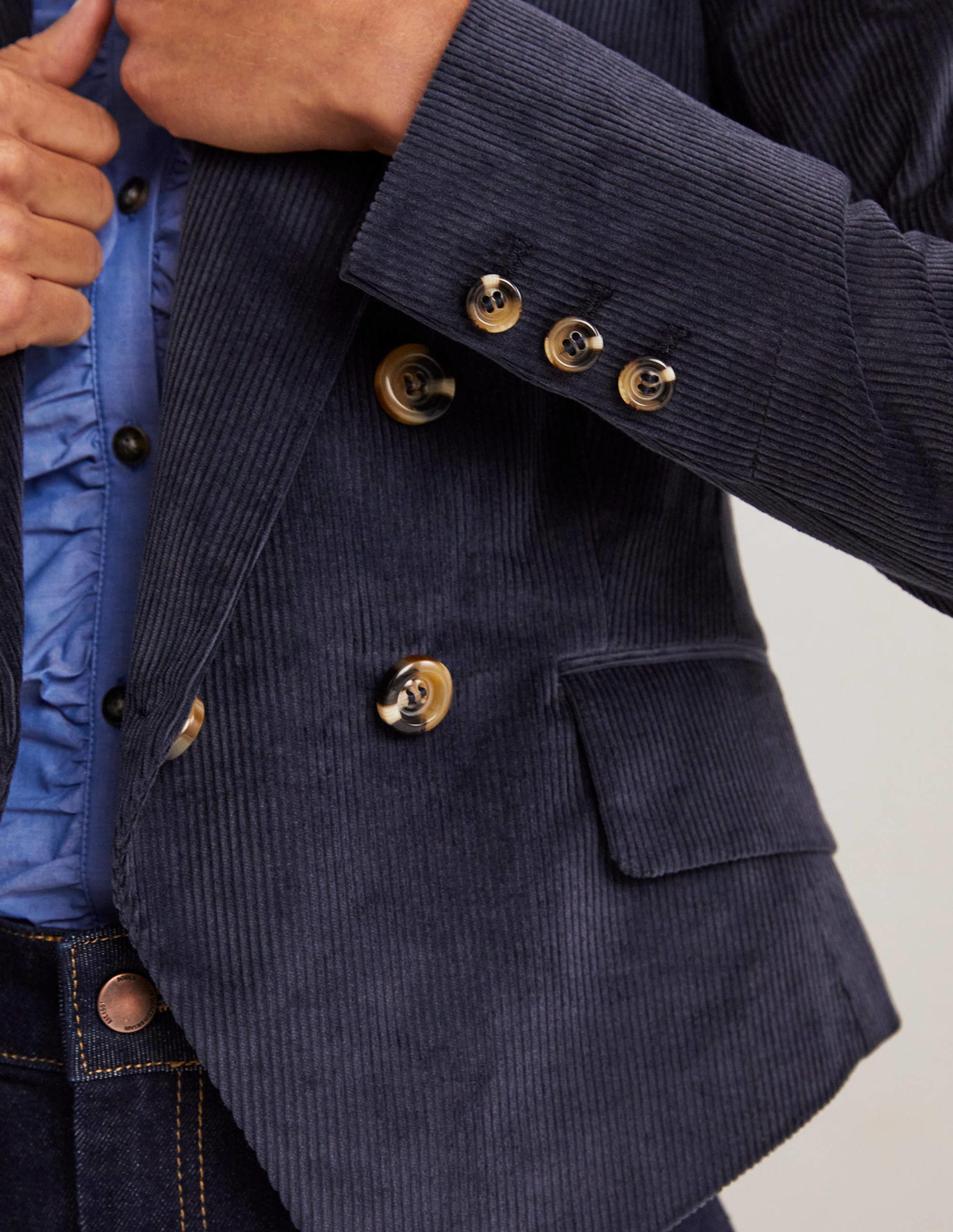 Double Breasted Cord Blazer-Navy - Image 2