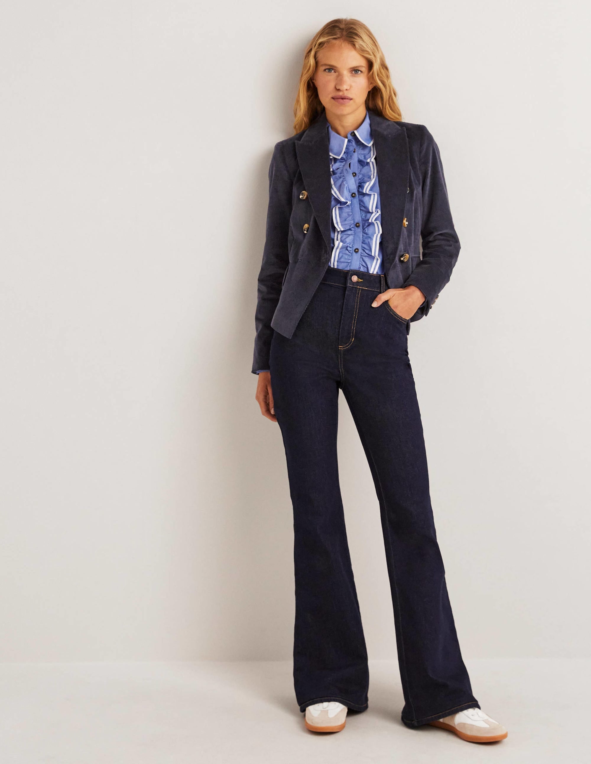Double Breasted Cord Blazer-Navy - Image 4
