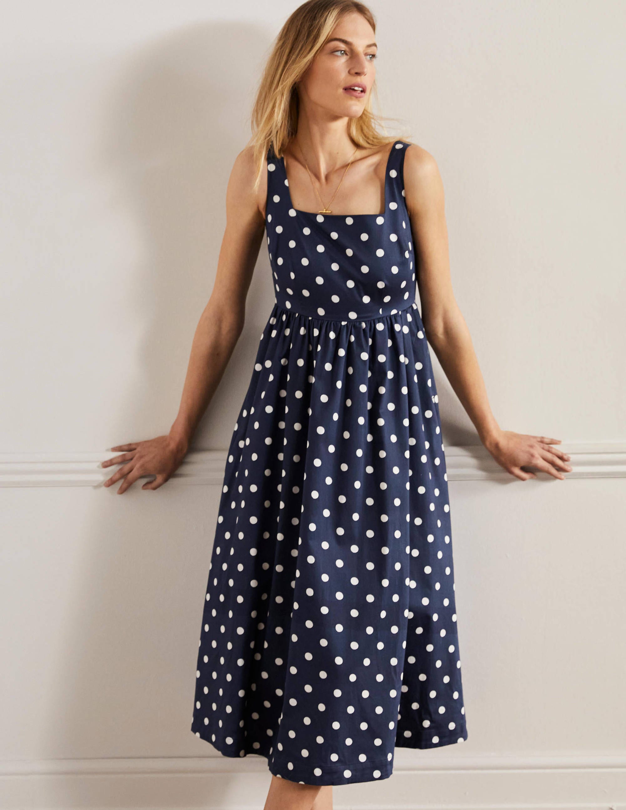 Violet Square Neck Midi Dress-Navy, Regular Dot - Image 1