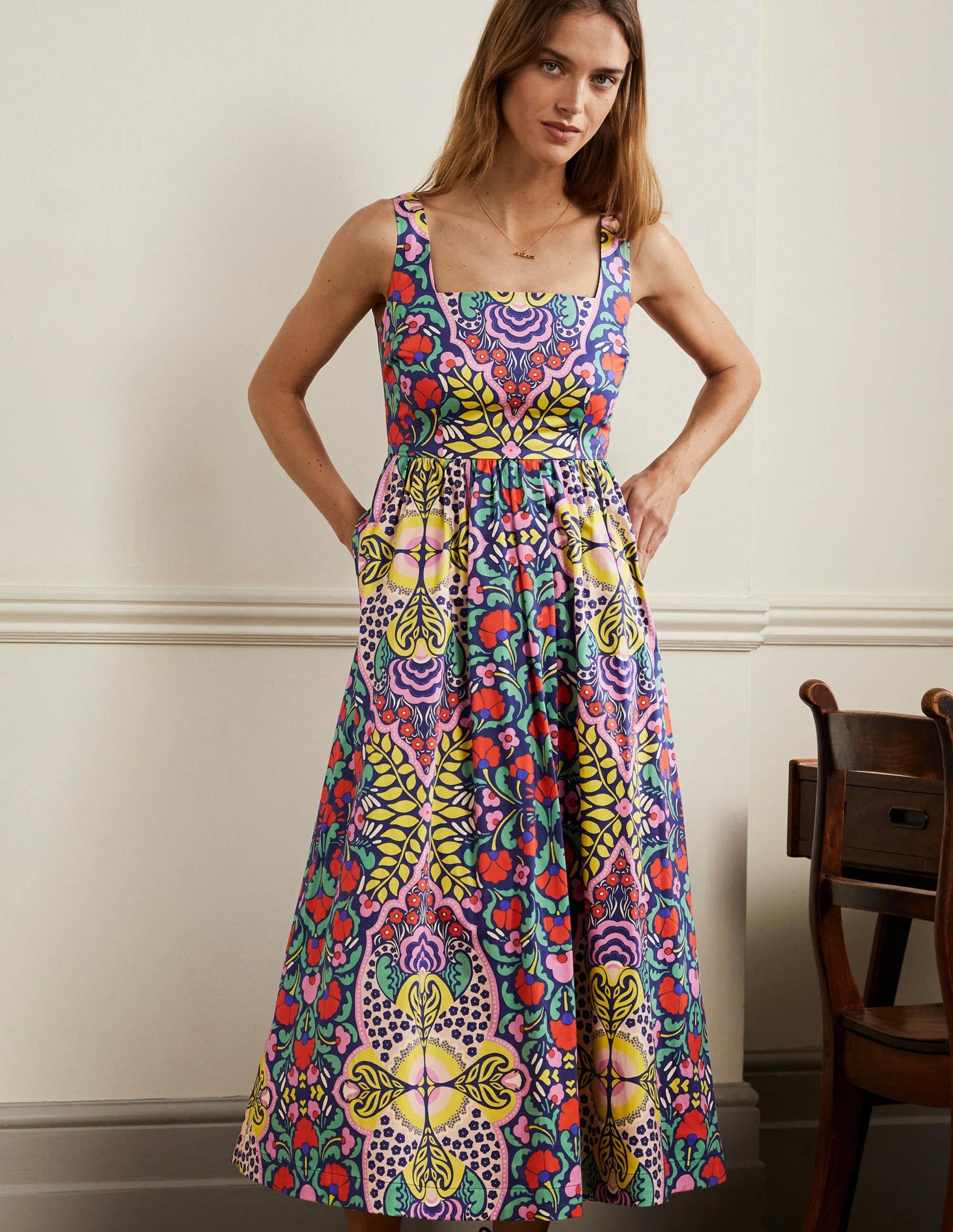 Violet Square Neck Midi Dress-Navy, Passion Bloom-1