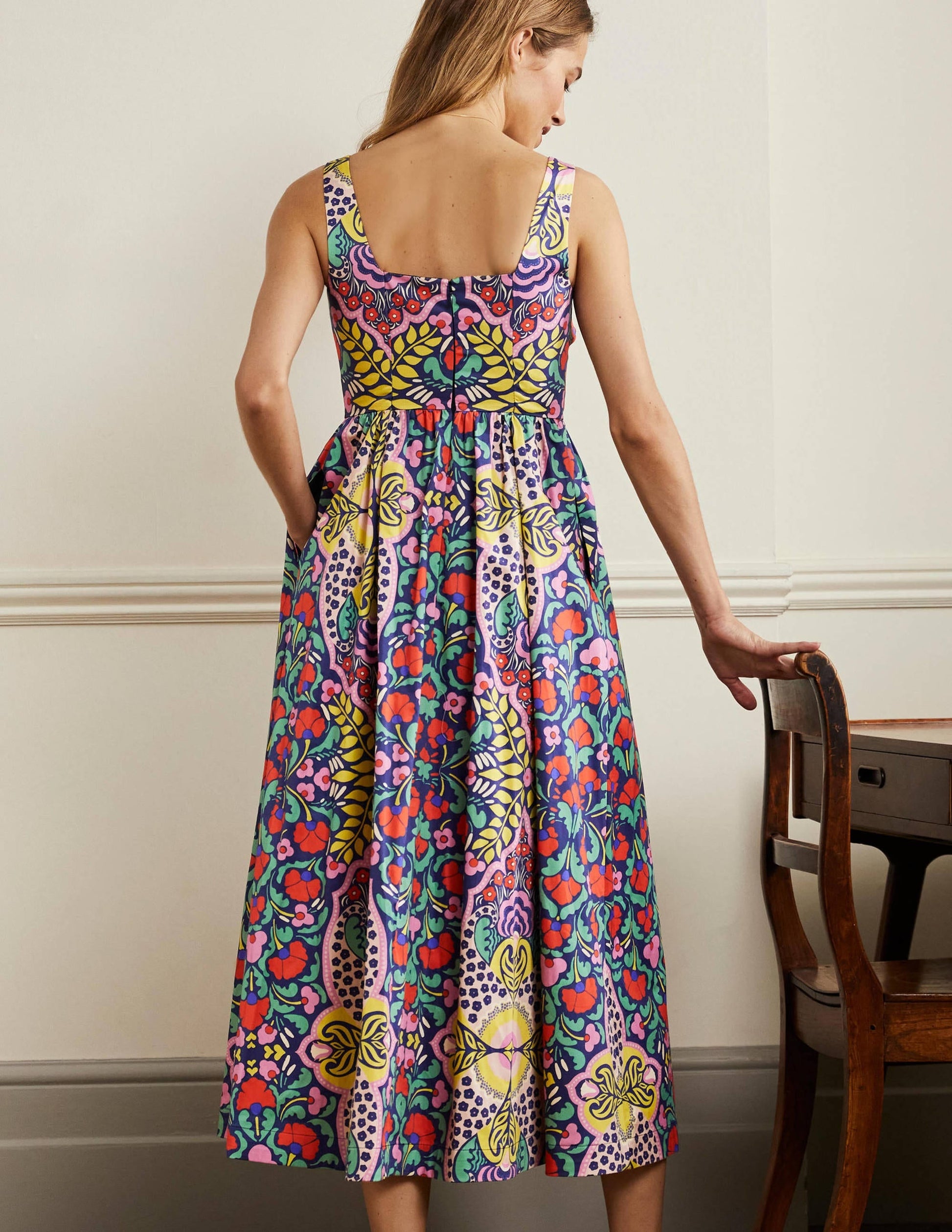 Violet Square Neck Midi Dress-Navy, Passion Bloom-3