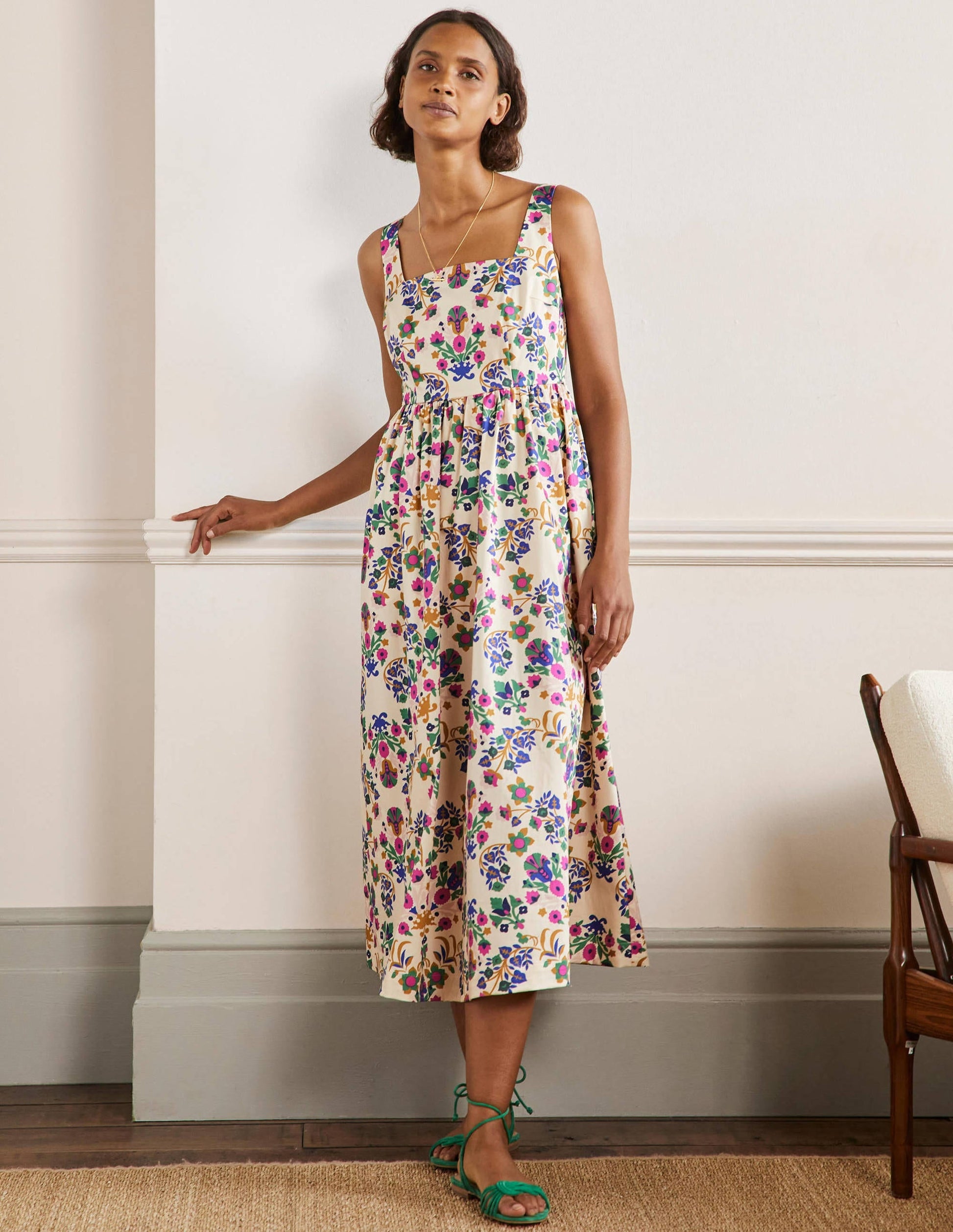 Violet Square Neck Midi Dress-Ivory, Bouquet Flourish-1
