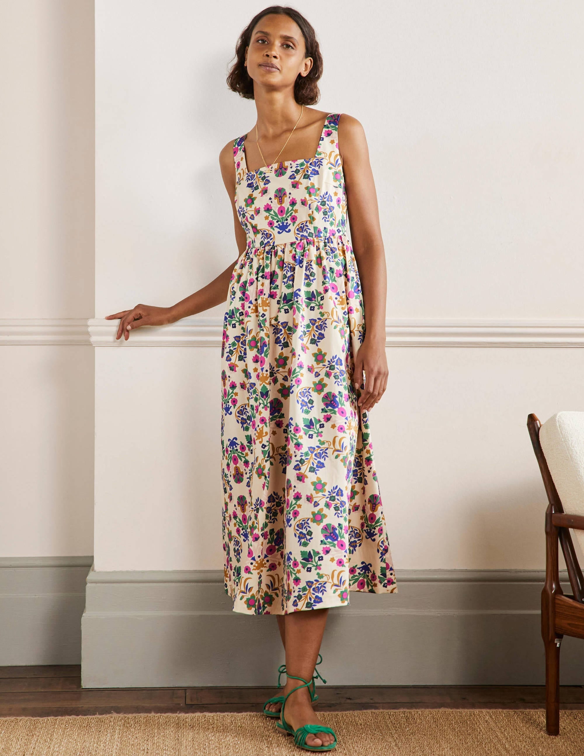 Violet Square Neck Midi Dress-Ivory, Bouquet Flourish - Image 1