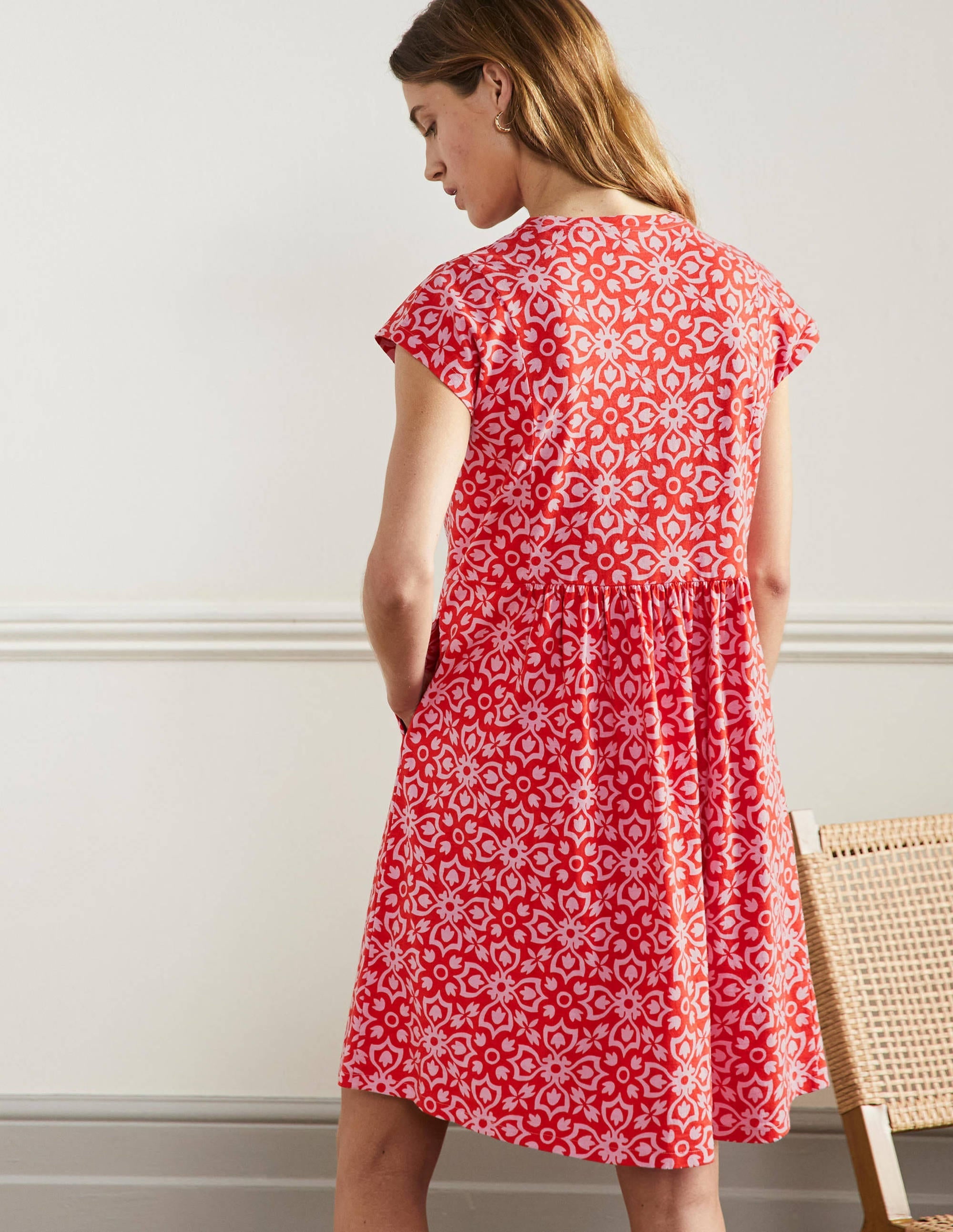 Jersey T-Shirt Dress-Dragon Red Floret Tile - Image 3