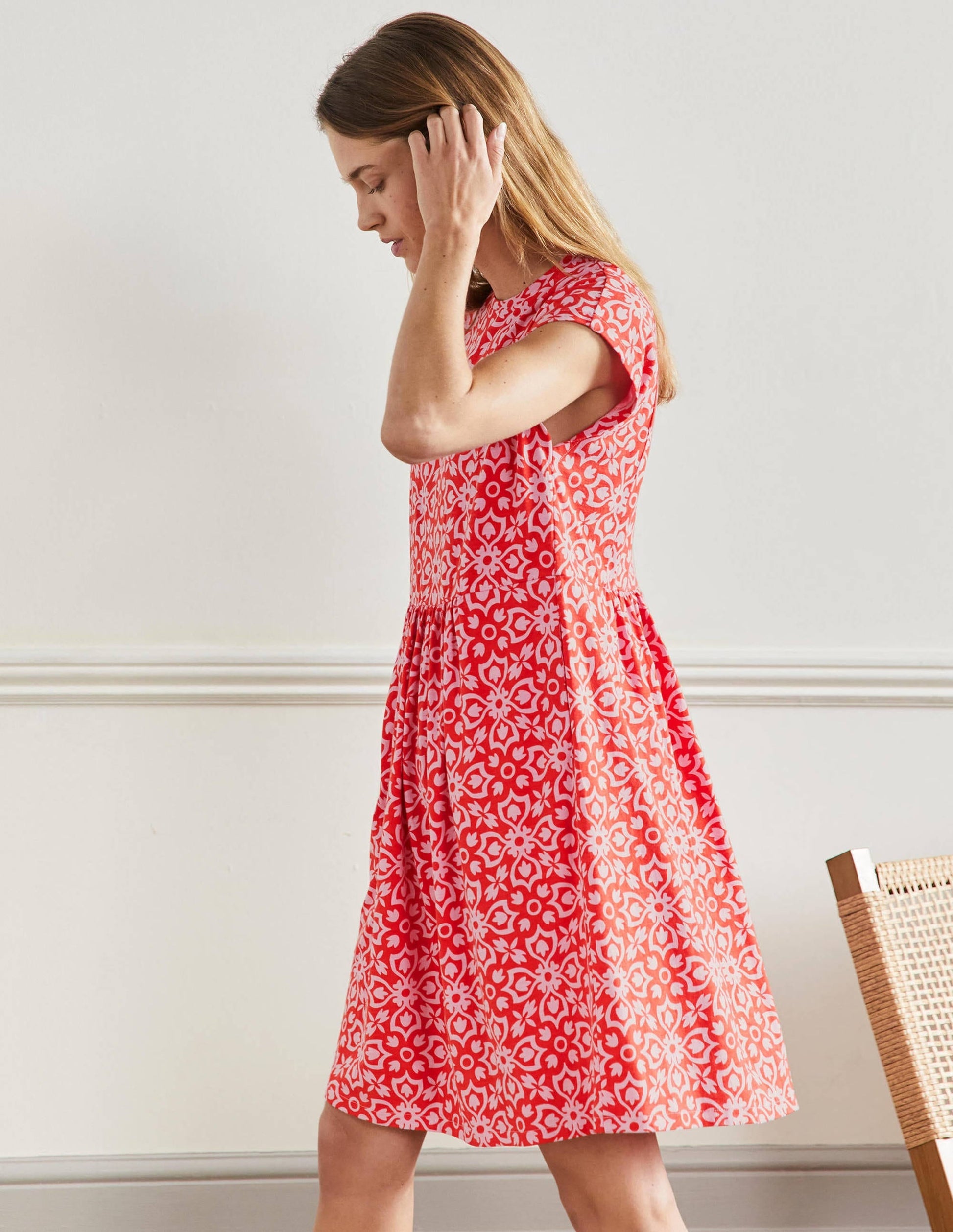 Jersey T-Shirt Dress-Dragon Red Floret Tile-4