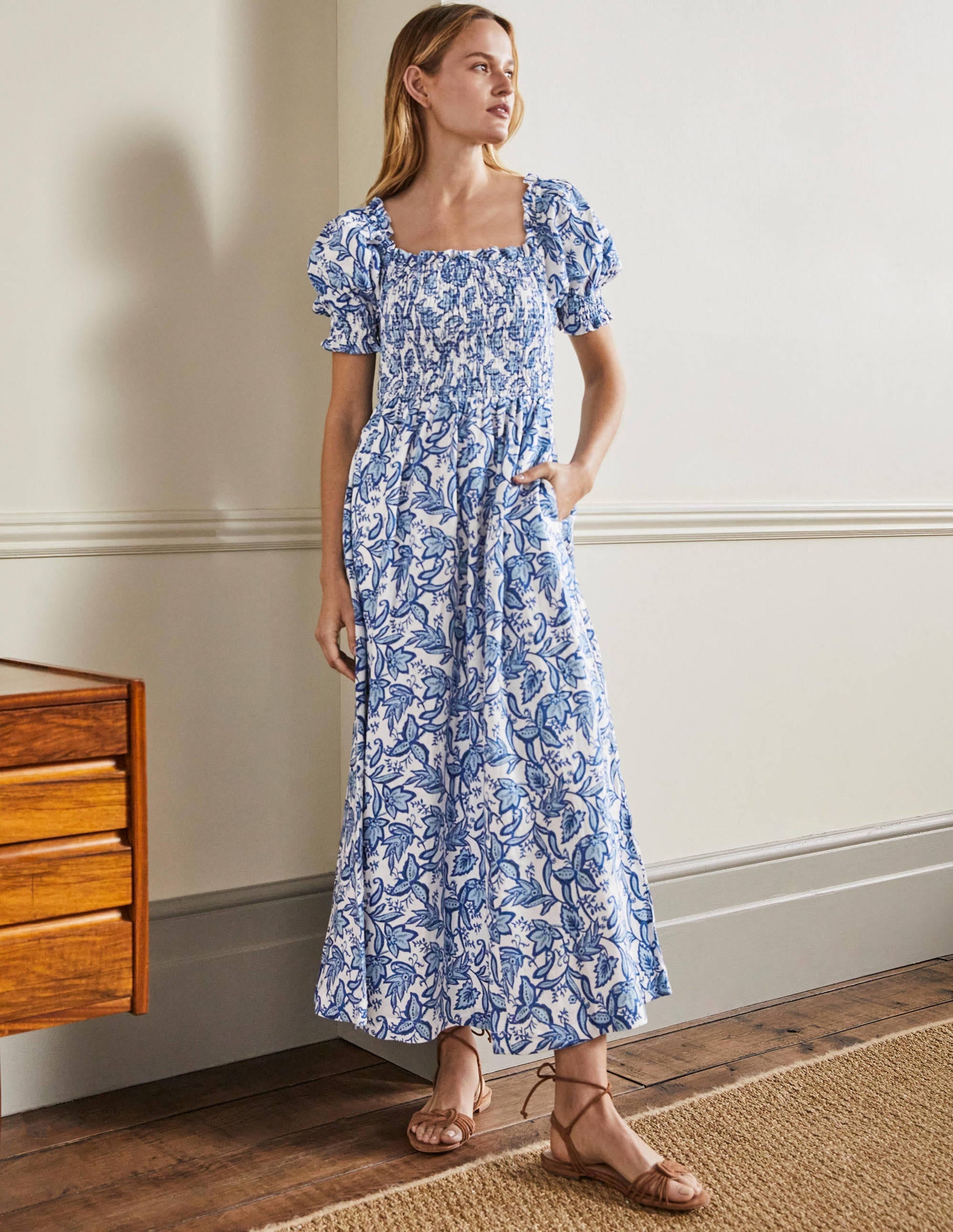 Smocked Bodice Midi Dress-Dusty Blue, Wild Flora - Image 1