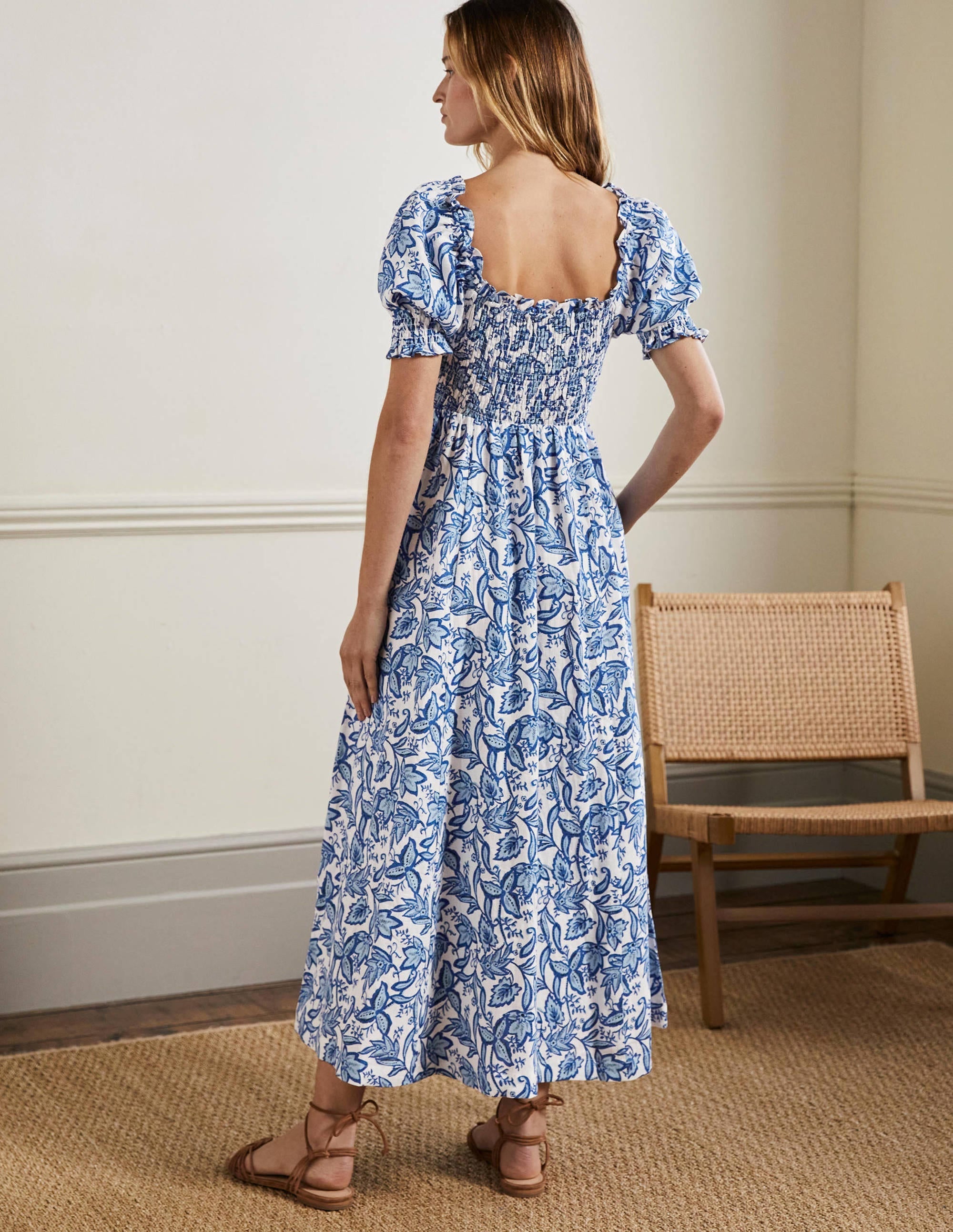 Smocked Bodice Midi Dress-Dusty Blue, Wild Flora - Image 3