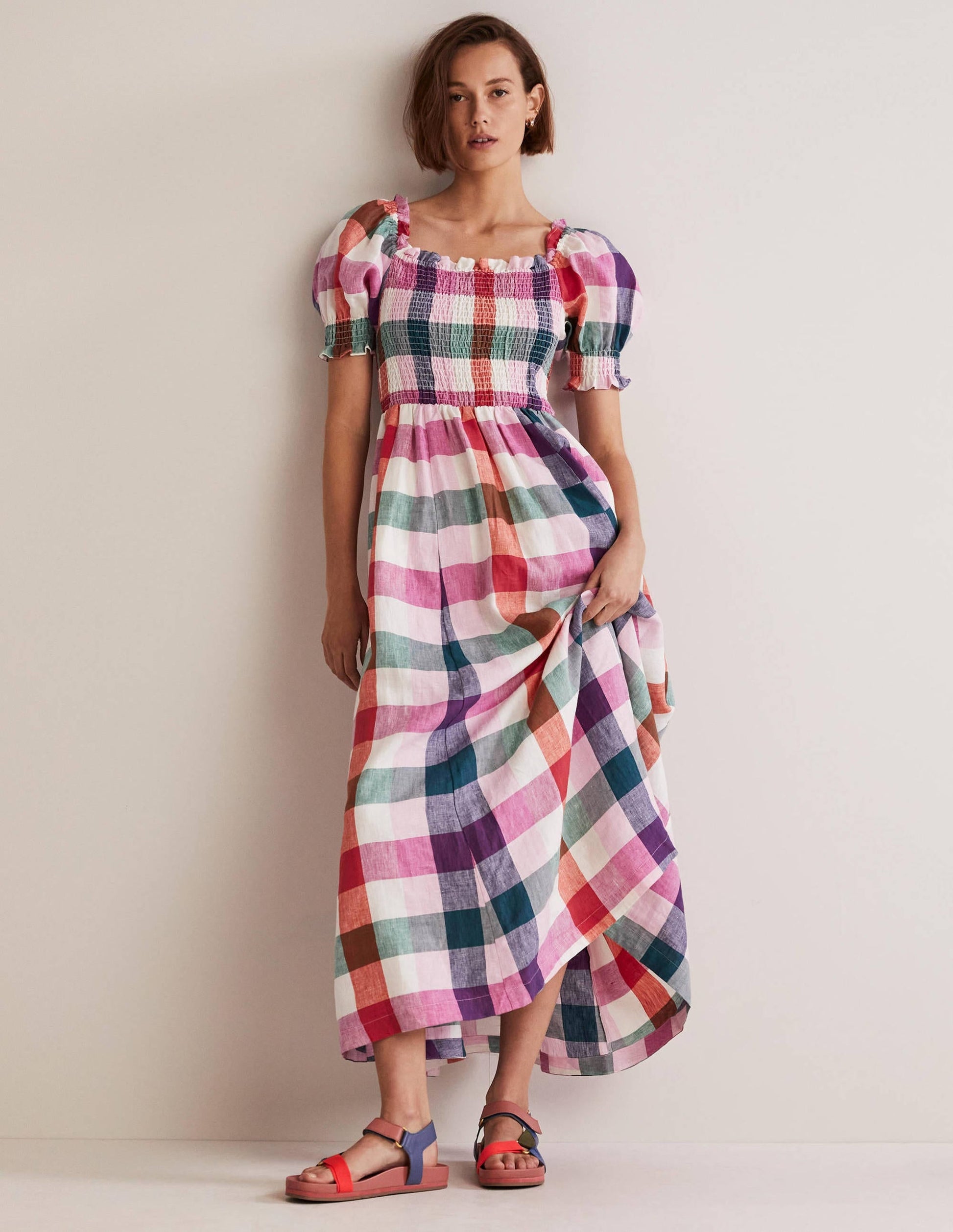 Smocked Bodice Midi Dress-Bonbon and Flambe-1